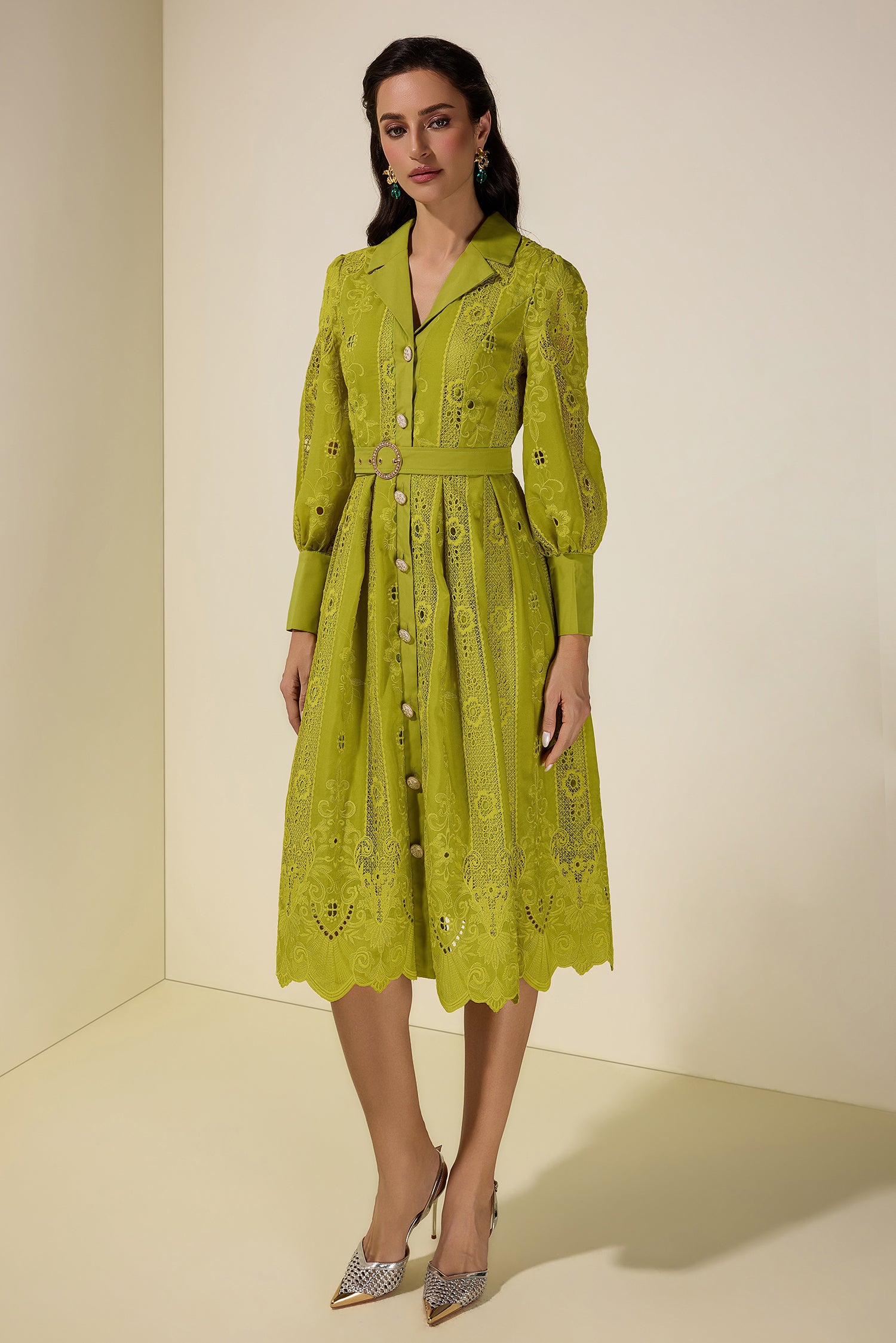 Lace Splicing Embroidered Single Breasted Midi Dress With Belt