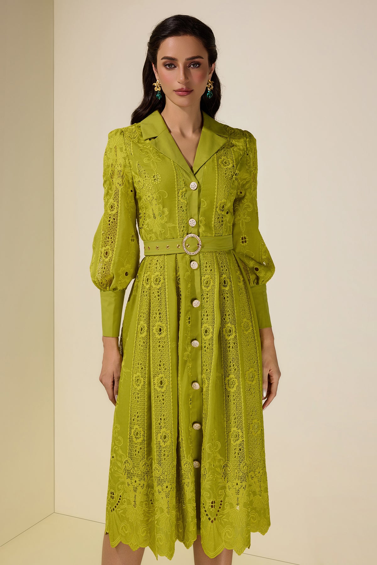 Lace Splicing Embroidered Single Breasted Midi Dress With Belt