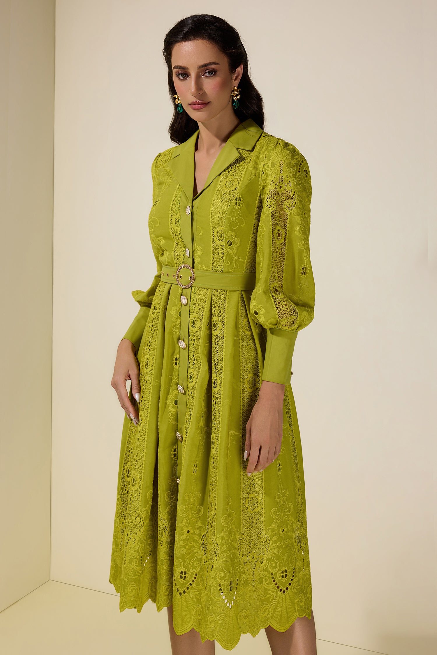 Lace Splicing Embroidered Single Breasted Midi Dress With Belt