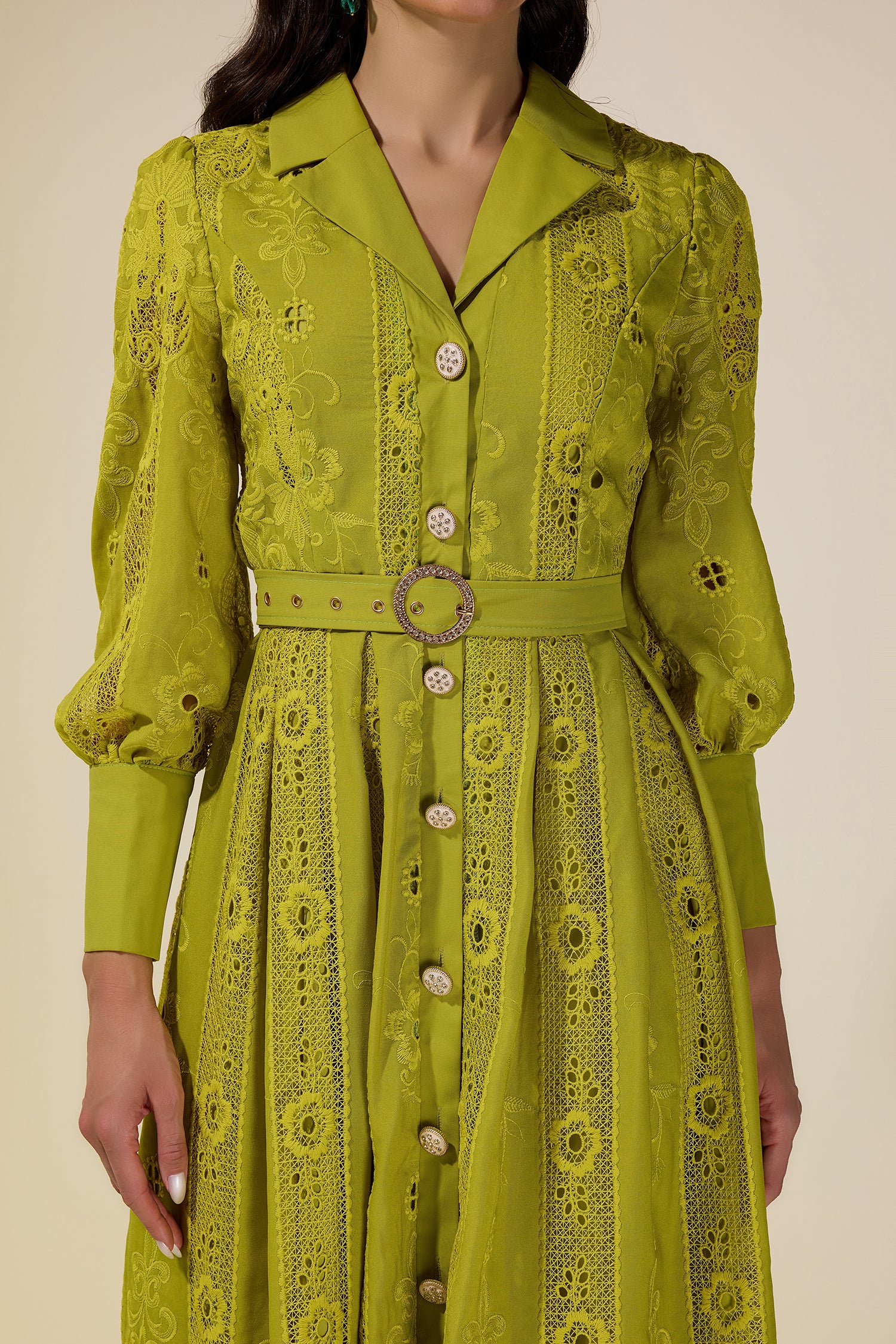 Lace Splicing Embroidered Single Breasted Midi Dress With Belt