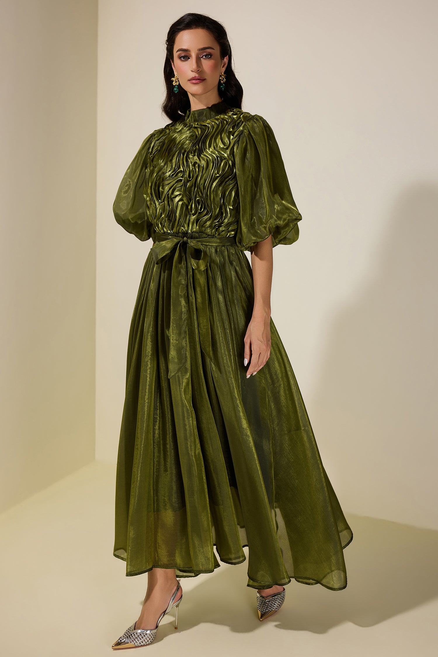 Frill Puff Sleeve Round Neck Midi Dress