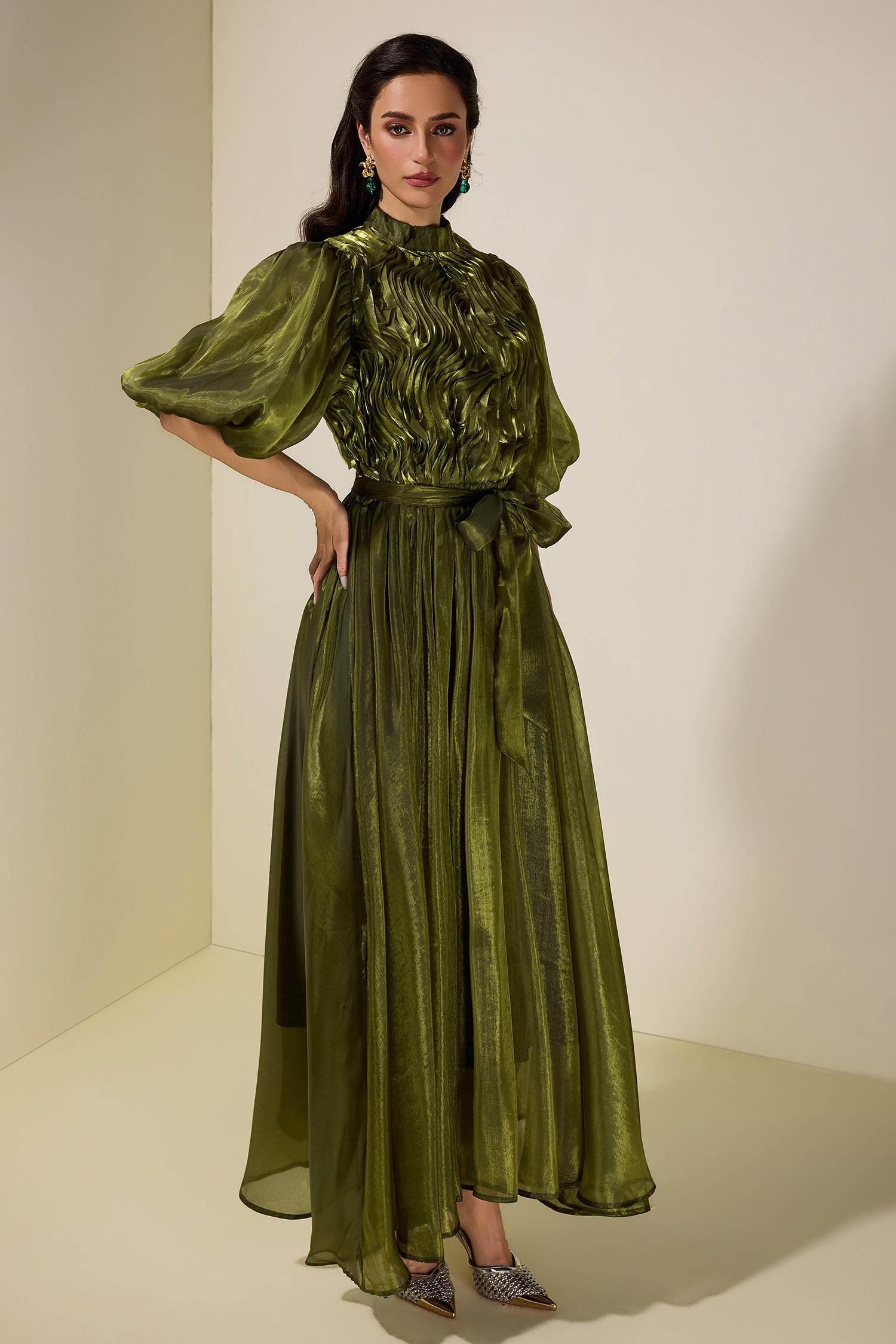 Frill Puff Sleeve Round Neck Midi Dress