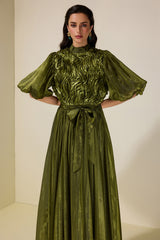 Frill Puff Sleeve Round Neck Midi Dress
