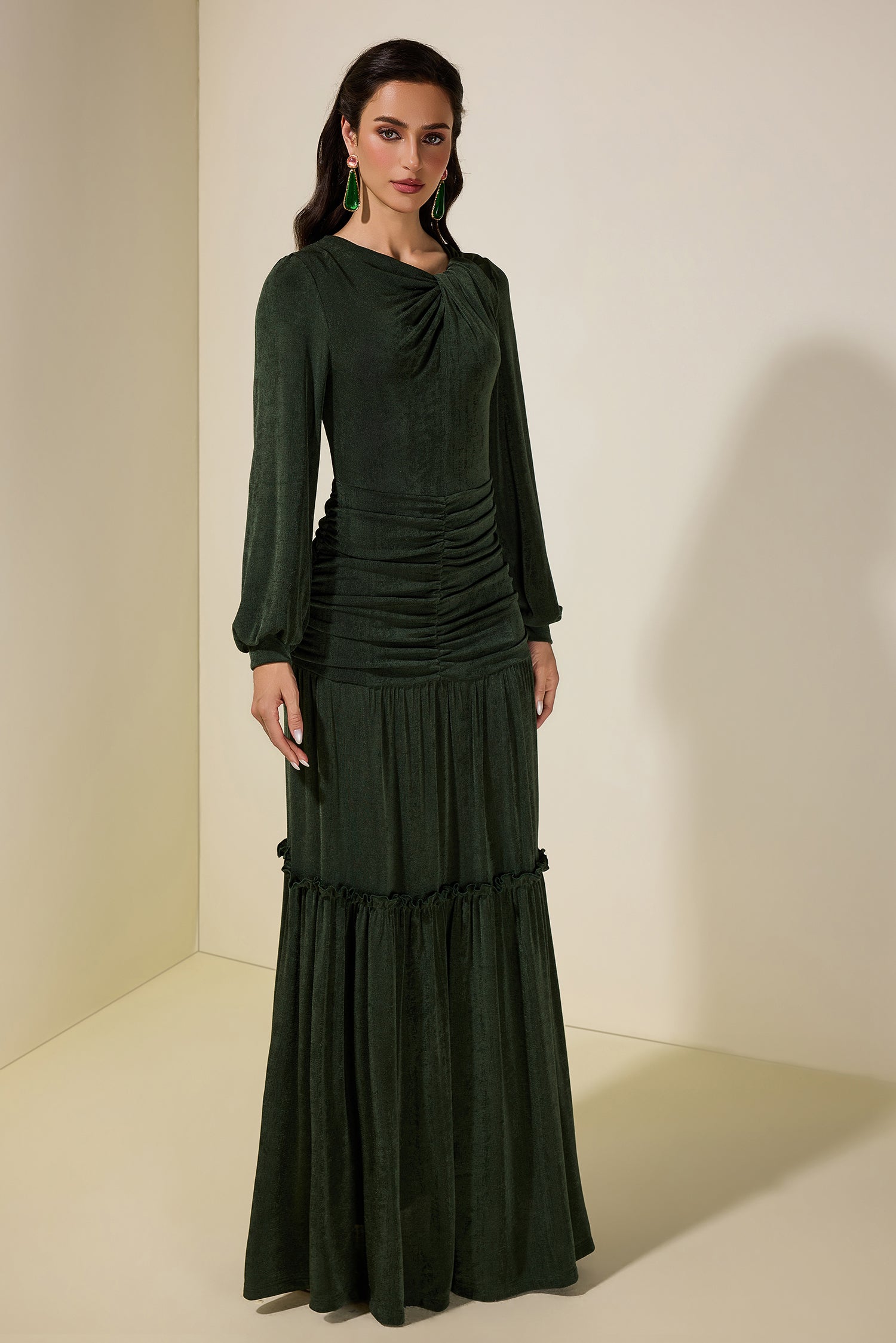 Jersey Ruched Long Sleeve Maxi Dress