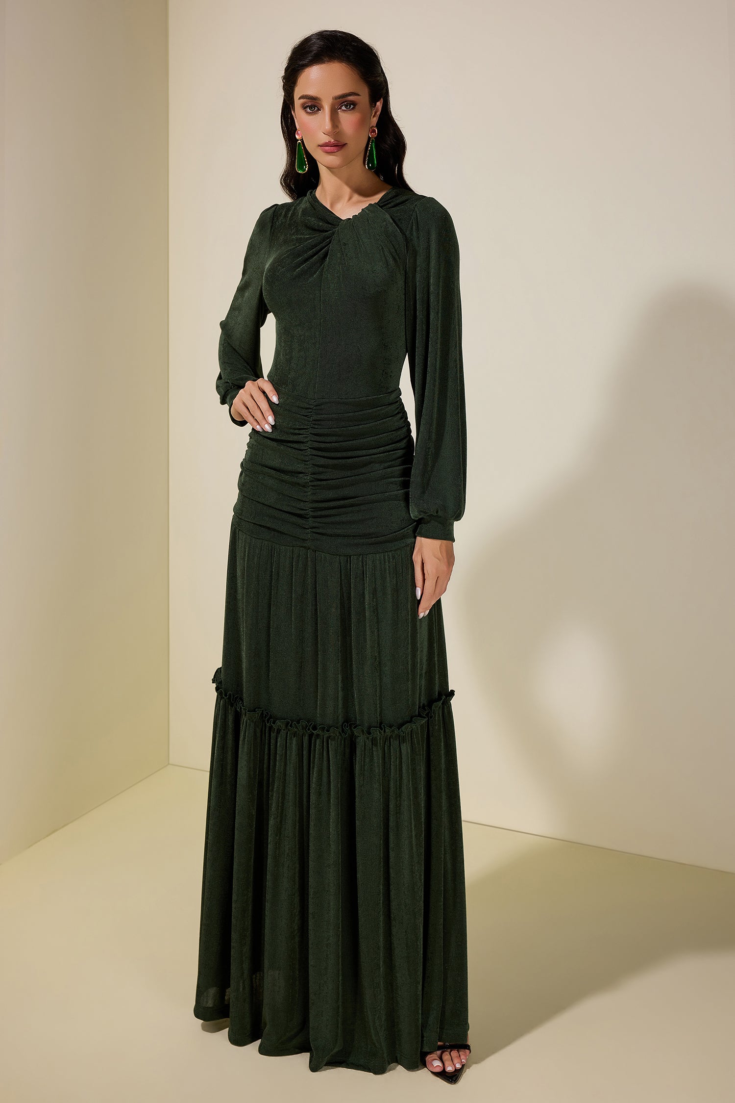 Jersey Ruched Long Sleeve Maxi Dress