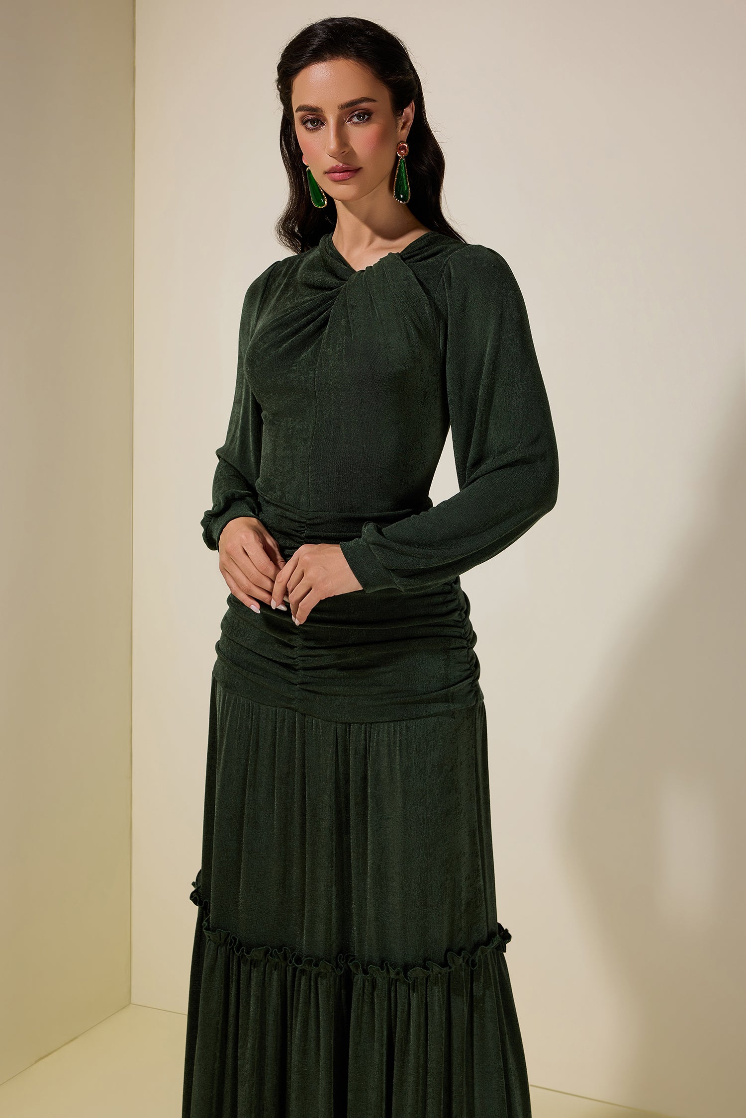 Jersey Ruched Long Sleeve Maxi Dress