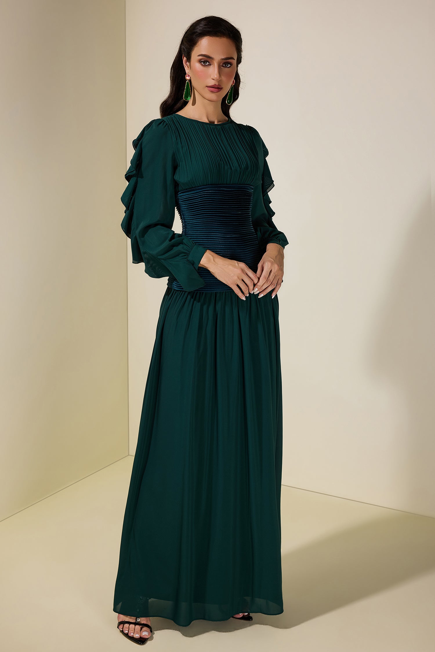 Chiffon Ruched Ruffle Maxi Dress