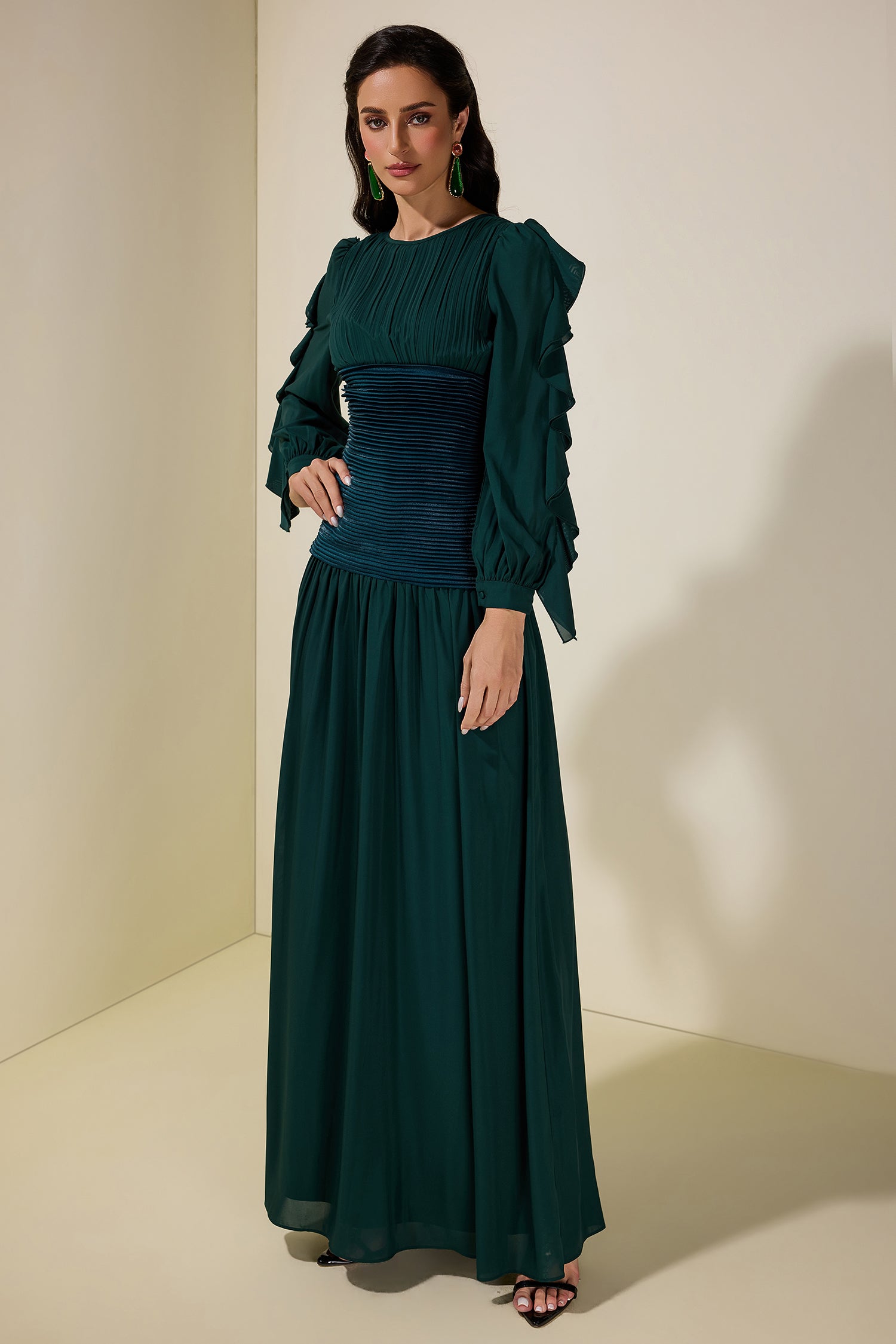 Chiffon Ruched Ruffle Maxi Dress