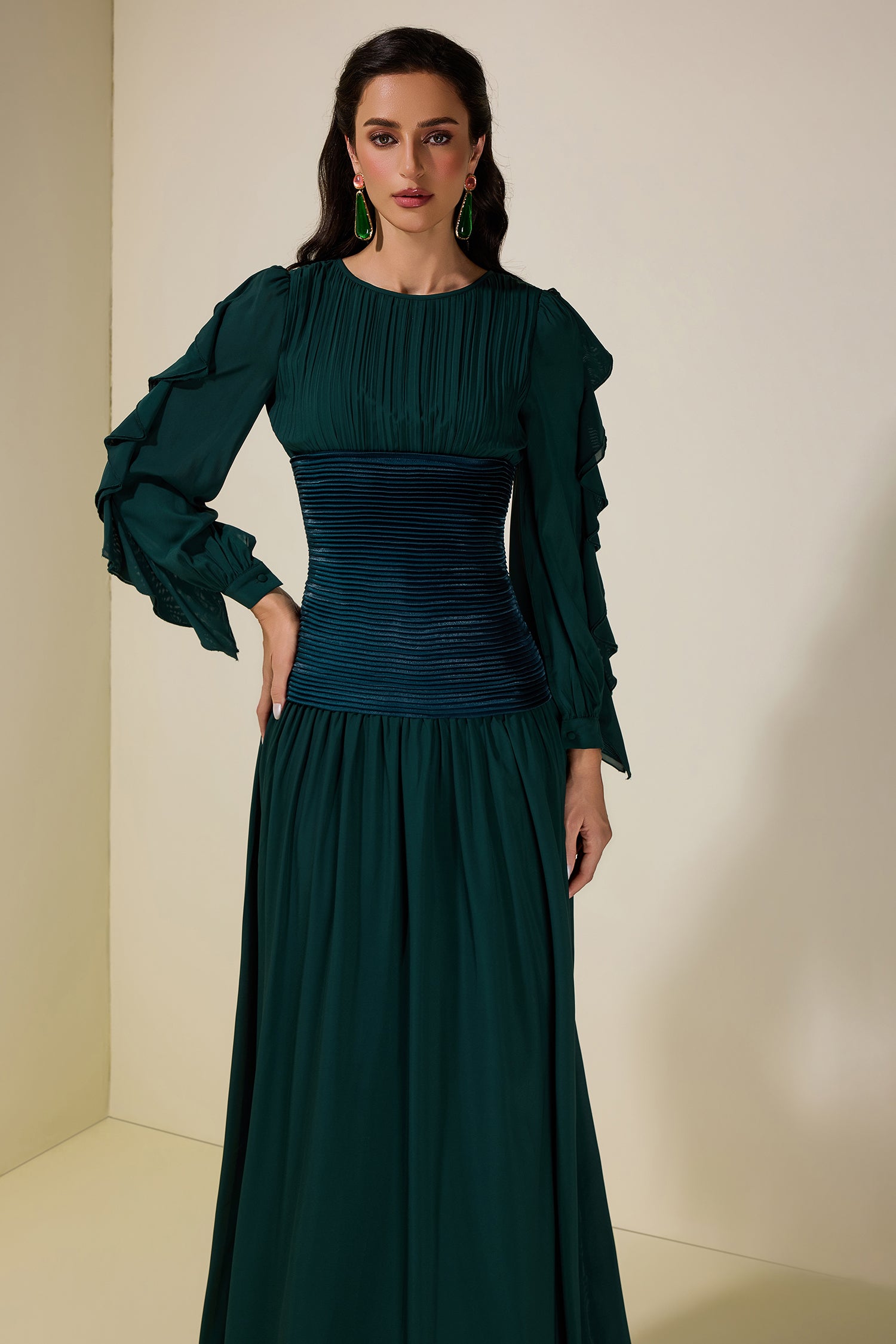 Chiffon Ruched Ruffle Maxi Dress