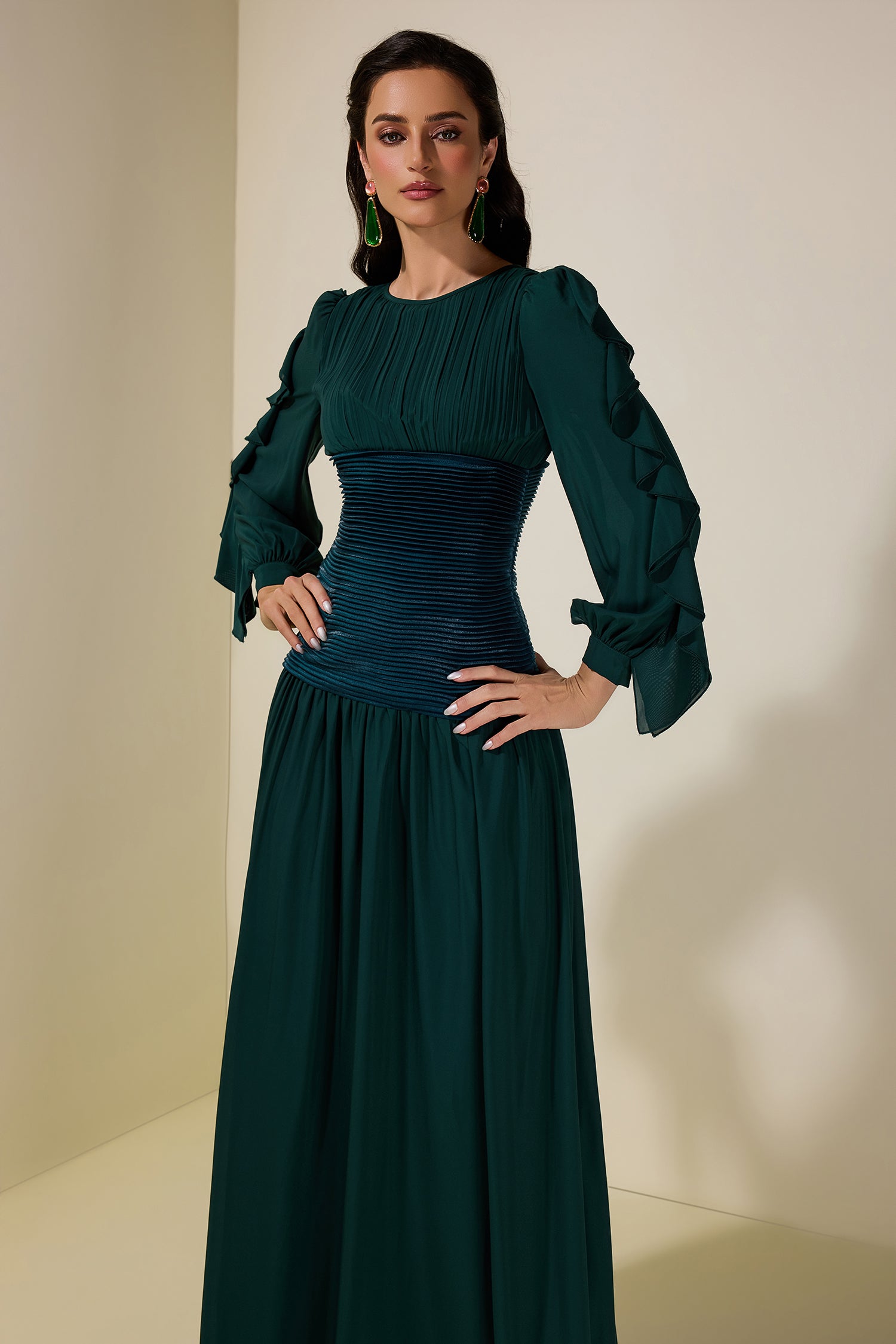 Chiffon Ruched Ruffle Maxi Dress