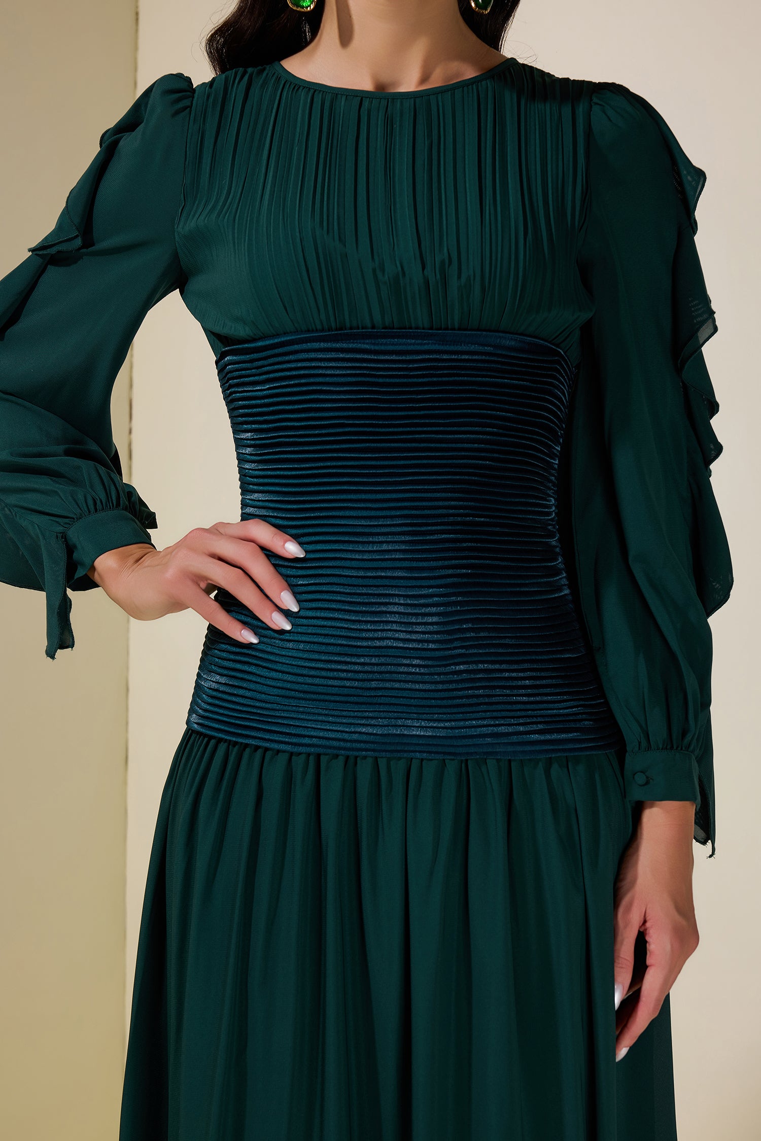 Chiffon Ruched Ruffle Maxi Dress