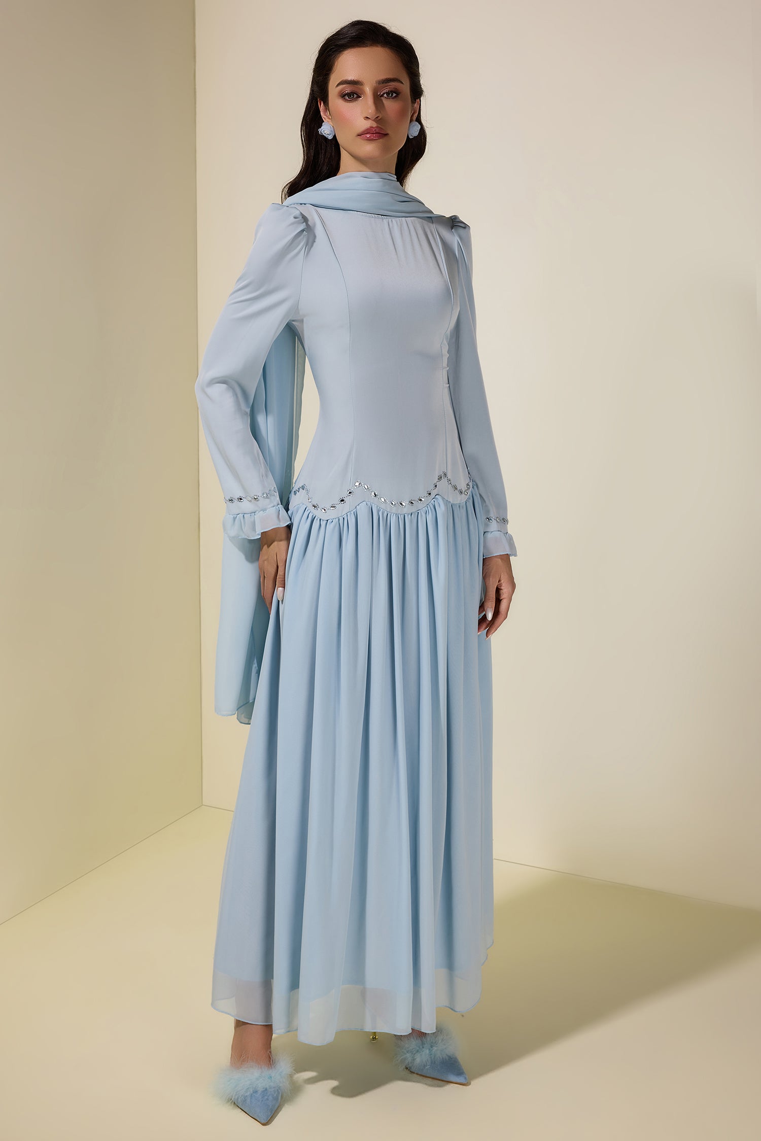 Satin Splicing Chiffon Rhinestone Maxi Dress