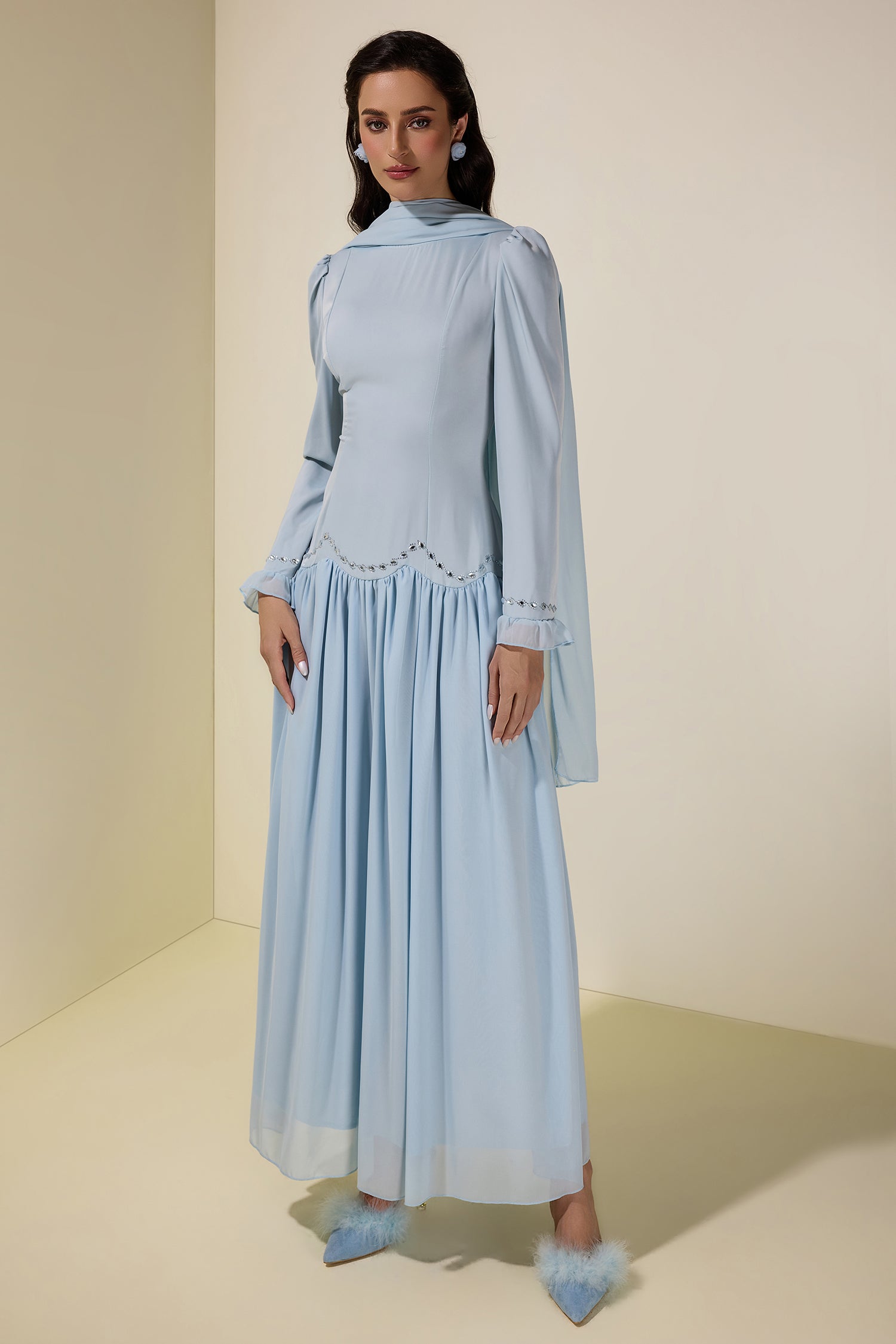 Satin Splicing Chiffon Rhinestone Maxi Dress