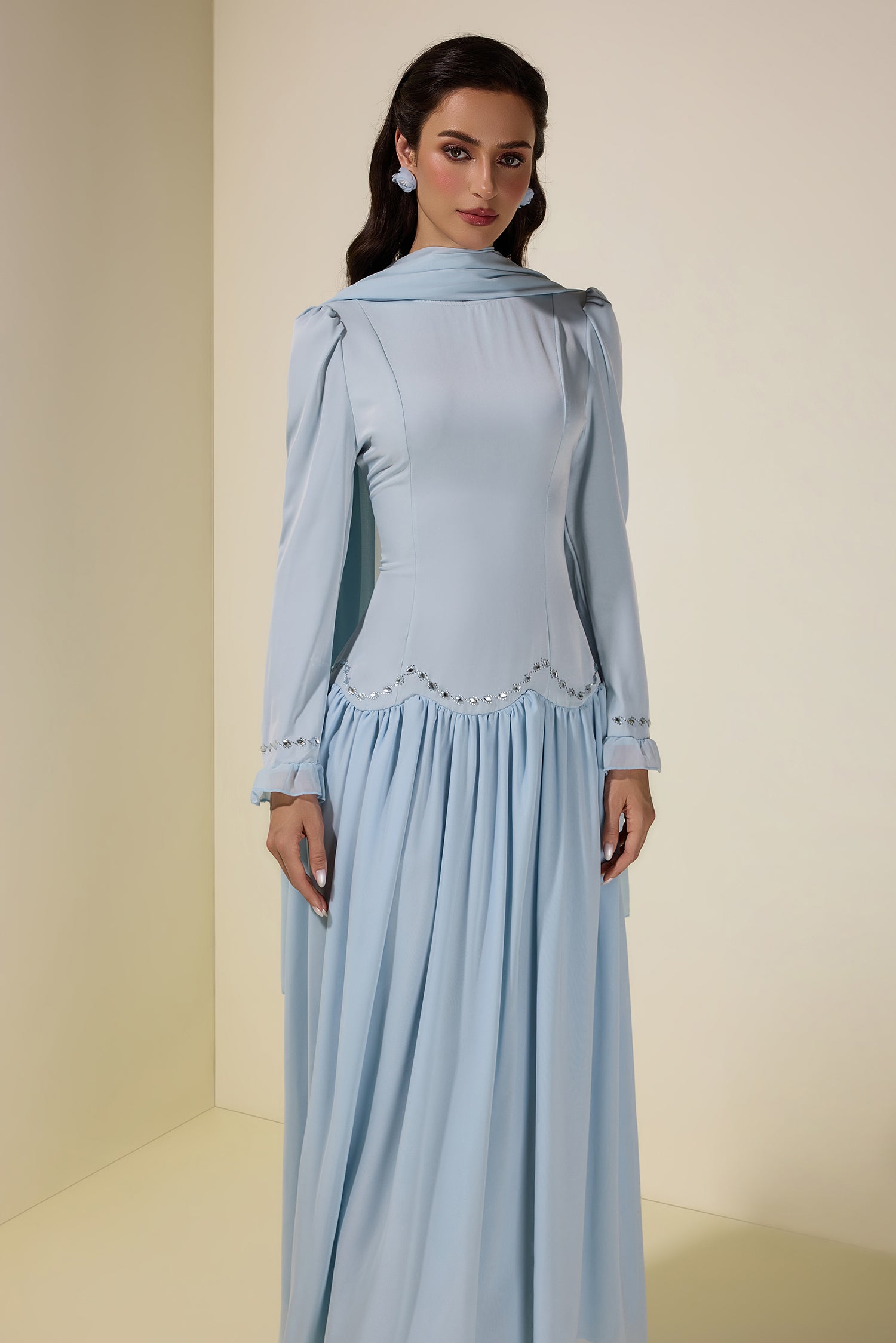 Satin Splicing Chiffon Rhinestone Maxi Dress