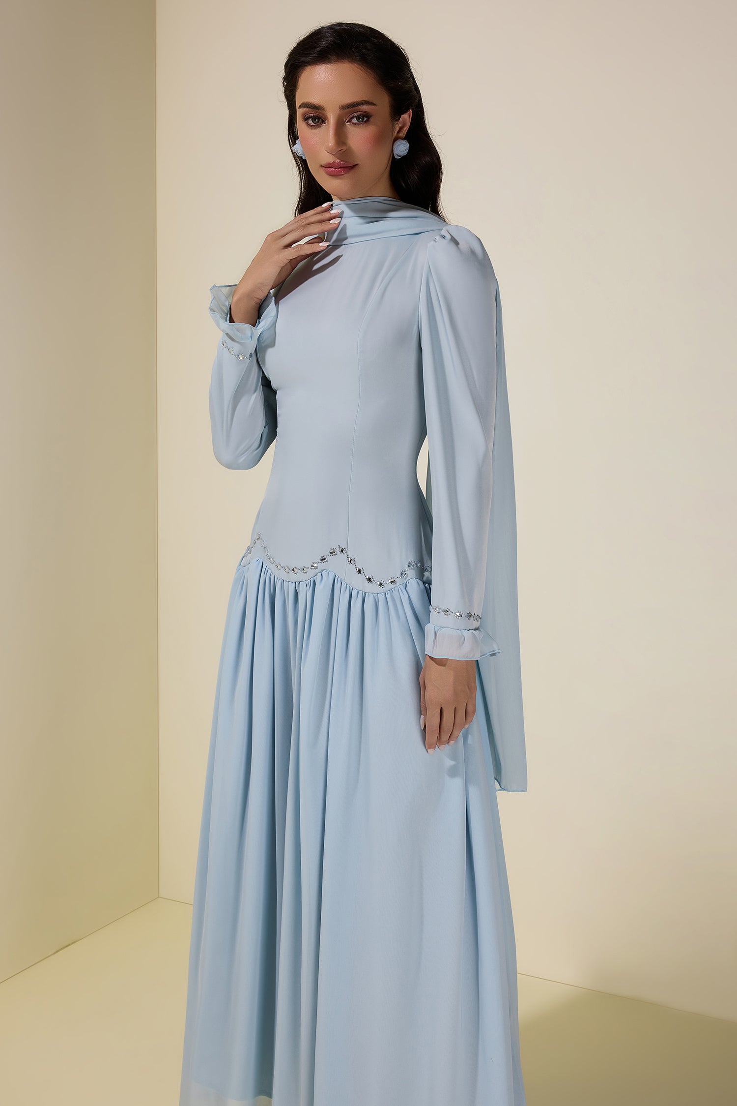 Satin Splicing Chiffon Rhinestone Maxi Dress
