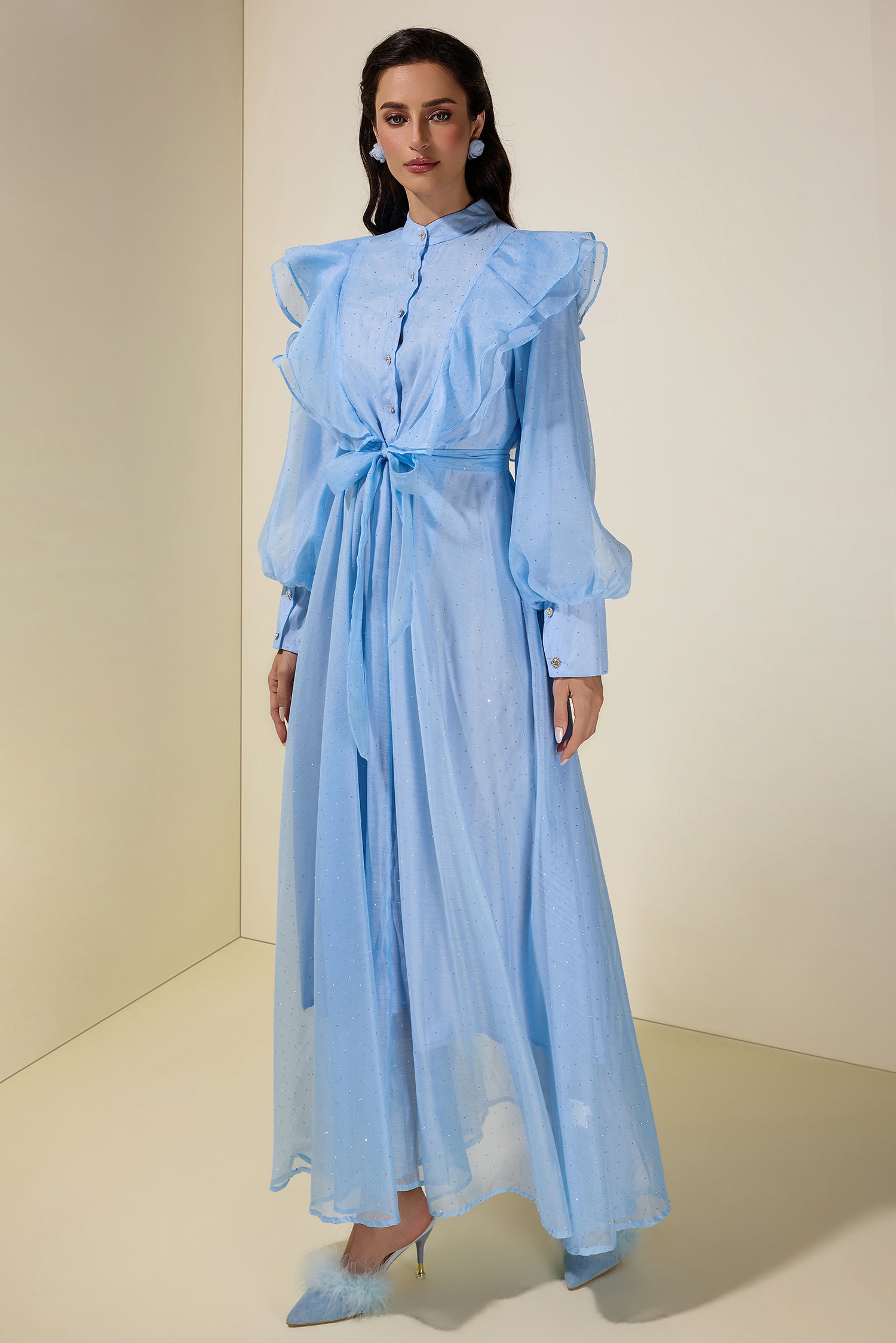 Chiffon Rhinestone Ruffle Midi Dress With Belt