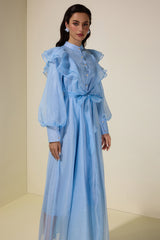 Chiffon Rhinestone Ruffle Midi Dress With Belt