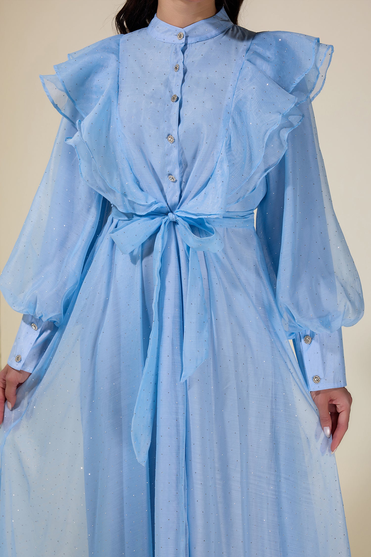 Chiffon Rhinestone Ruffle Midi Dress With Belt