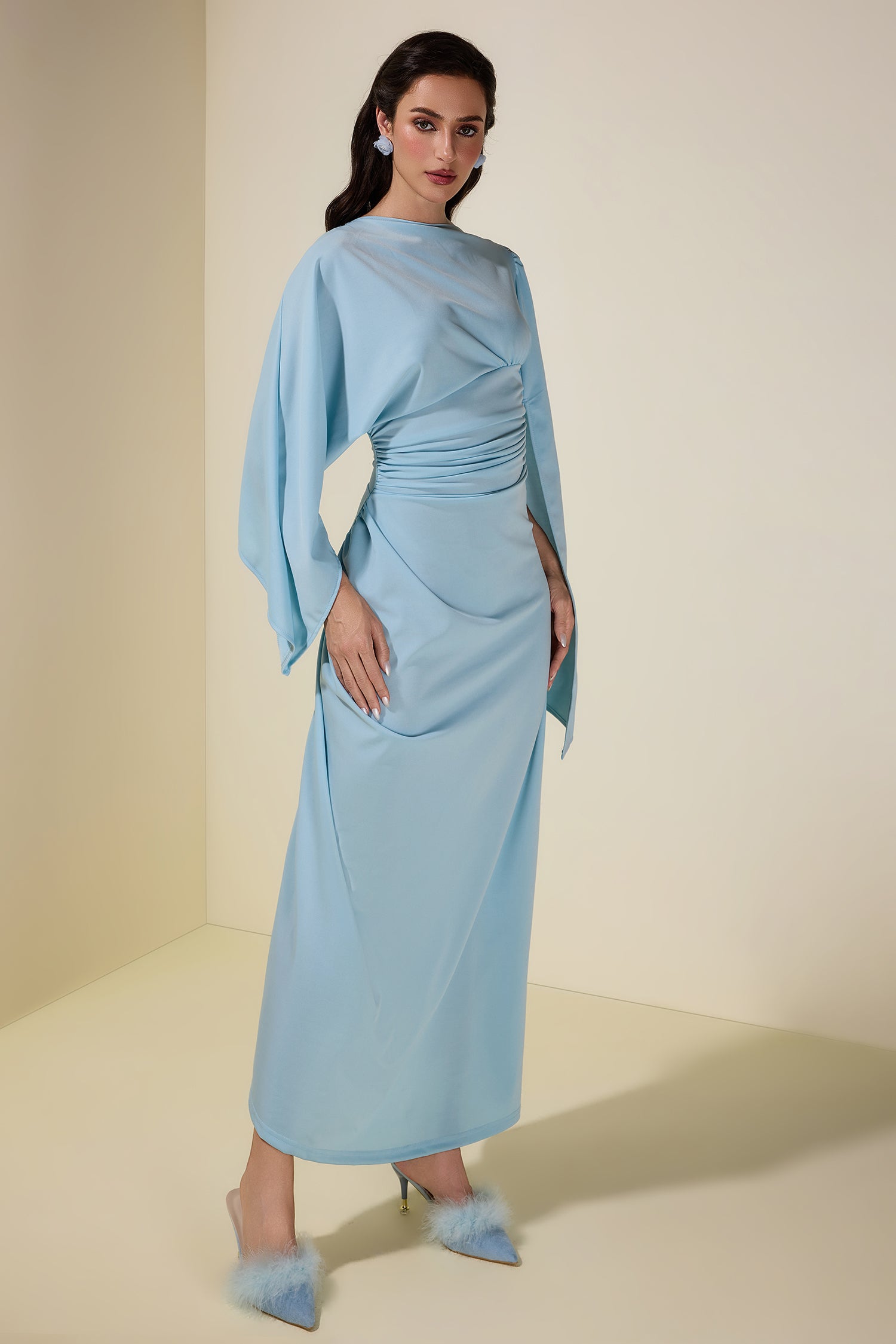 Jersey Gathering Cape Sleeve Maxi Dress