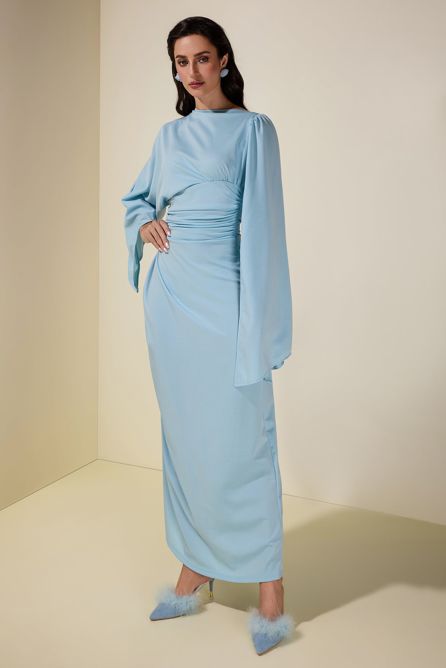 Jersey Gathering Cape Sleeve Maxi Dress