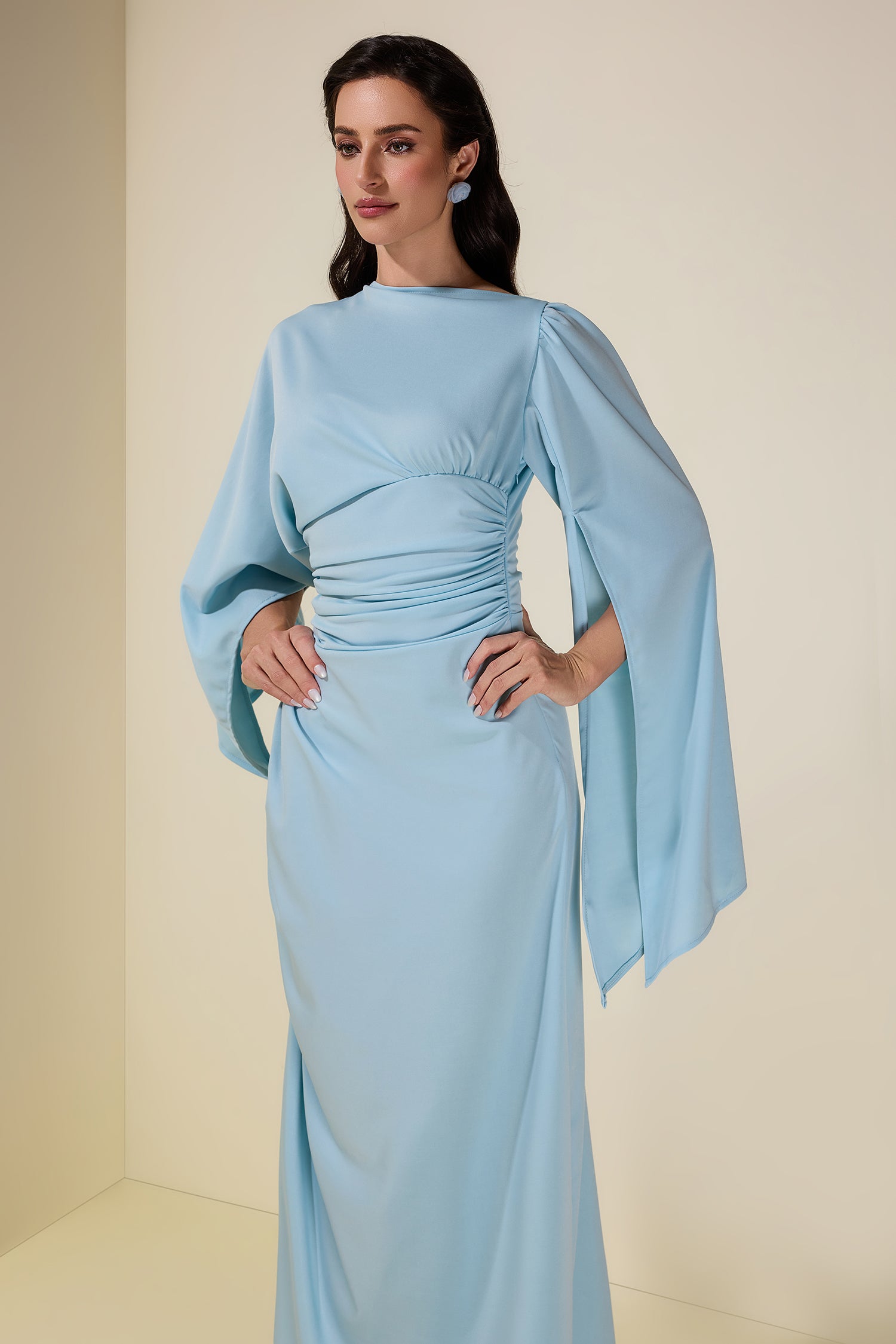 Jersey Gathering Cape Sleeve Maxi Dress