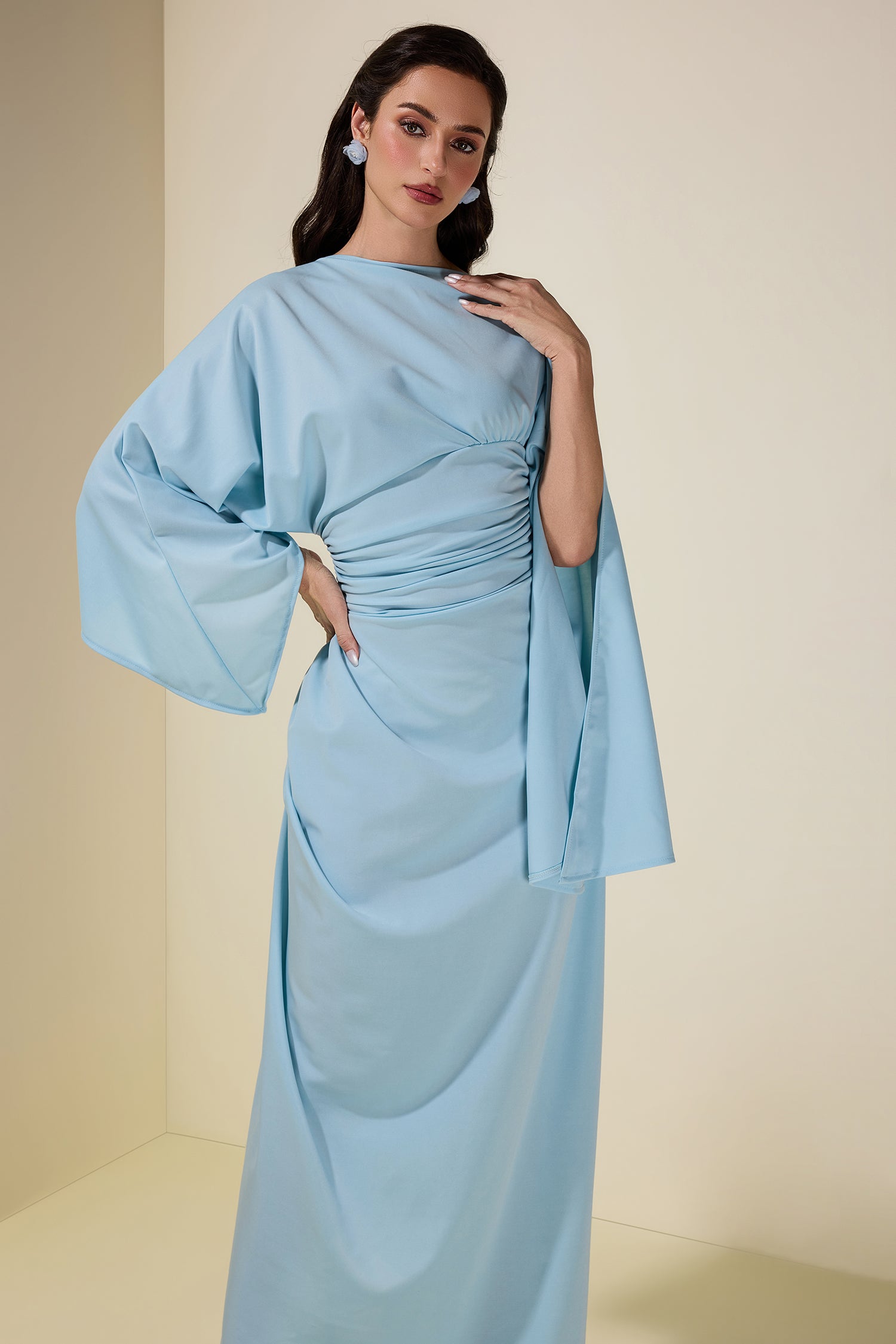 Jersey Gathering Cape Sleeve Maxi Dress