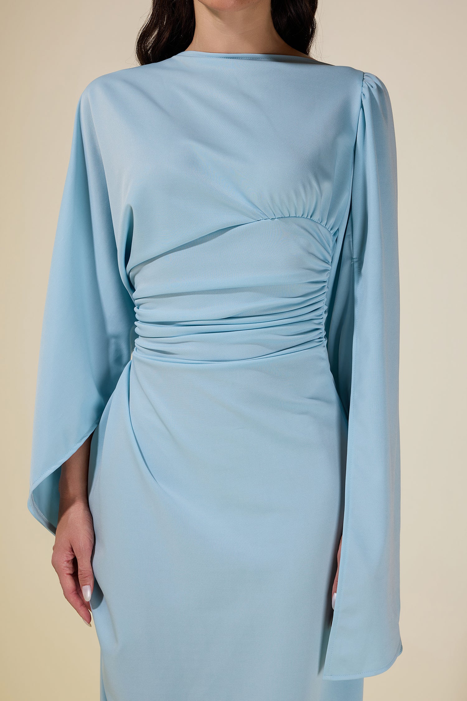 Jersey Gathering Cape Sleeve Maxi Dress