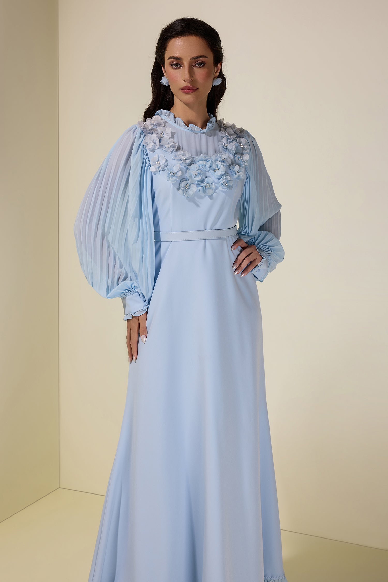 3D Flower Pleated Midi Dress With Belt