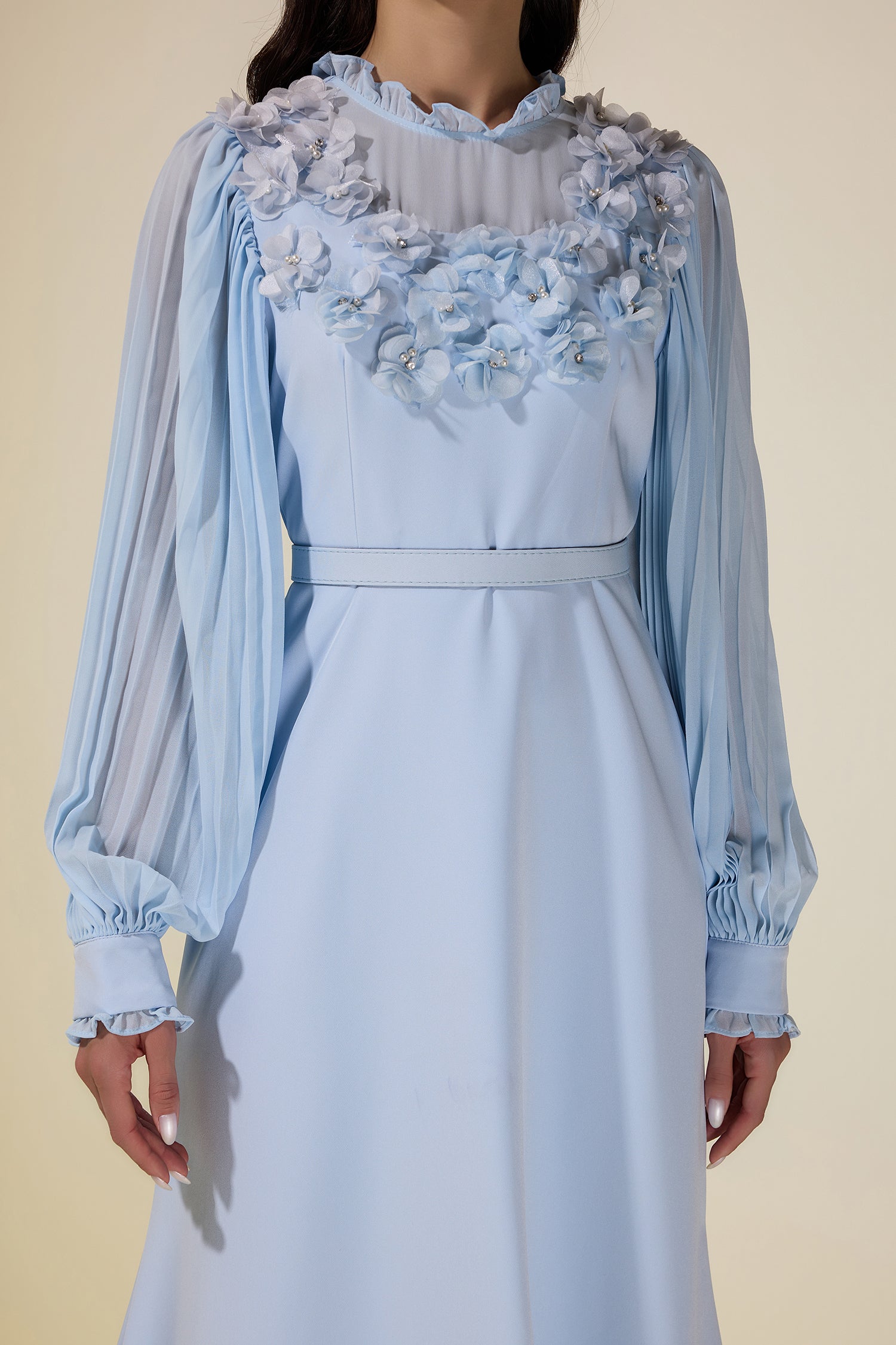 3D Flower Pleated Midi Dress With Belt