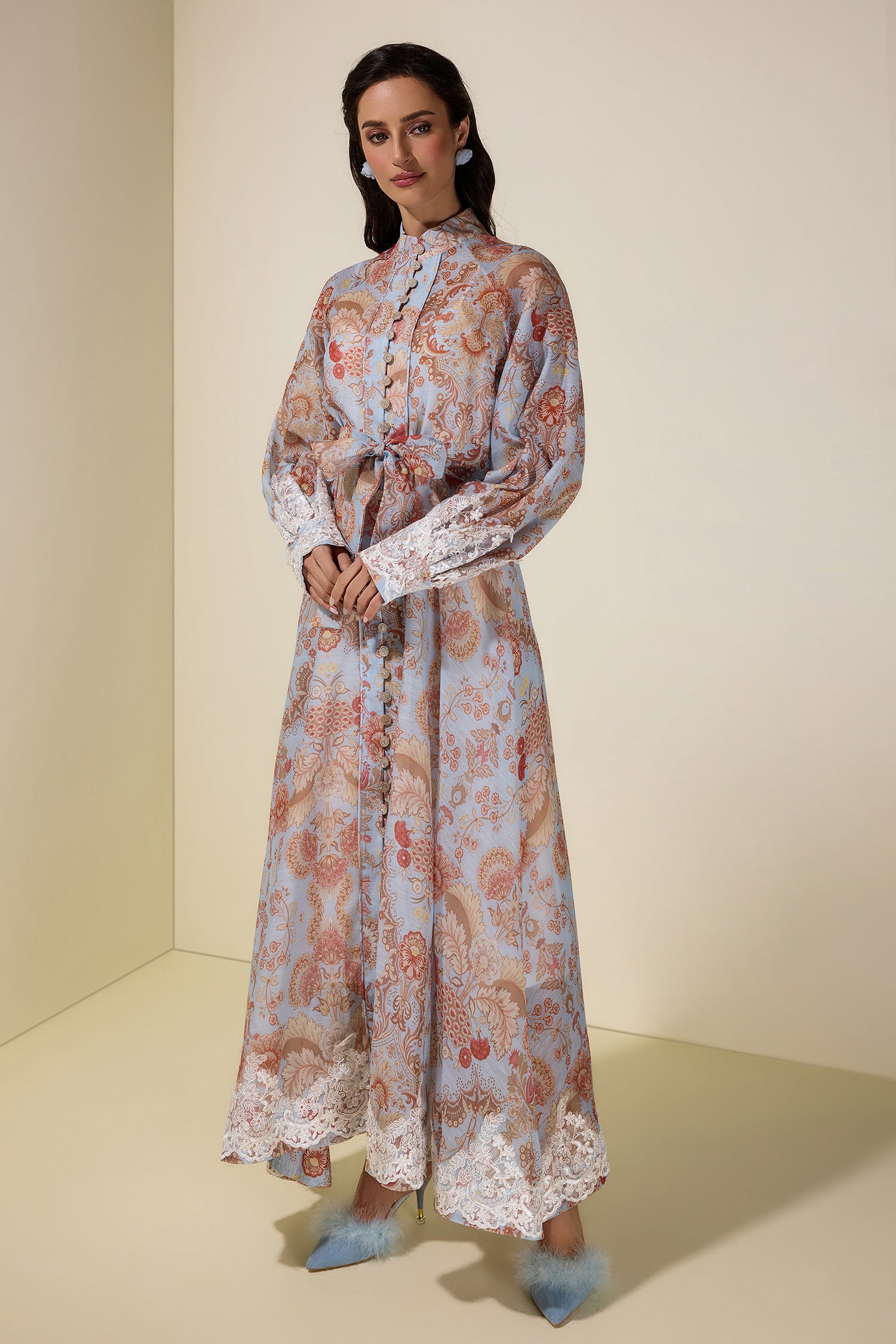Paisley Print Lace Single Breasted Midi Dress