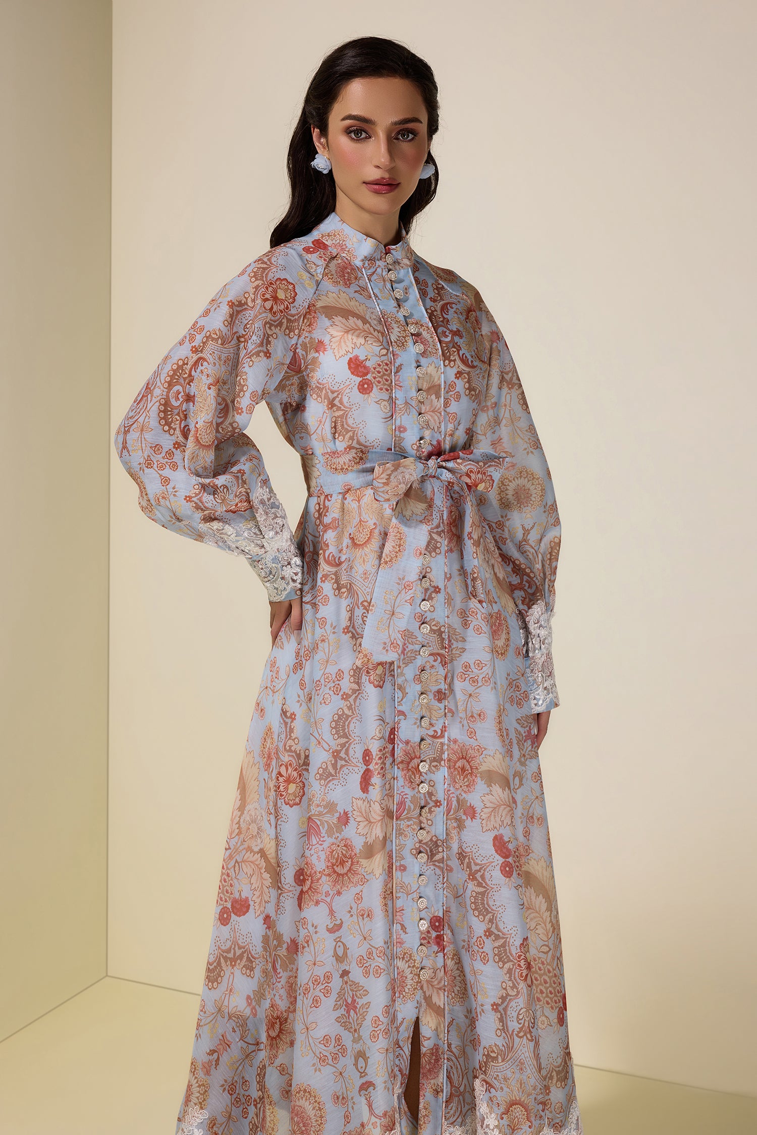 Paisley Print Lace Single Breasted Midi Dress