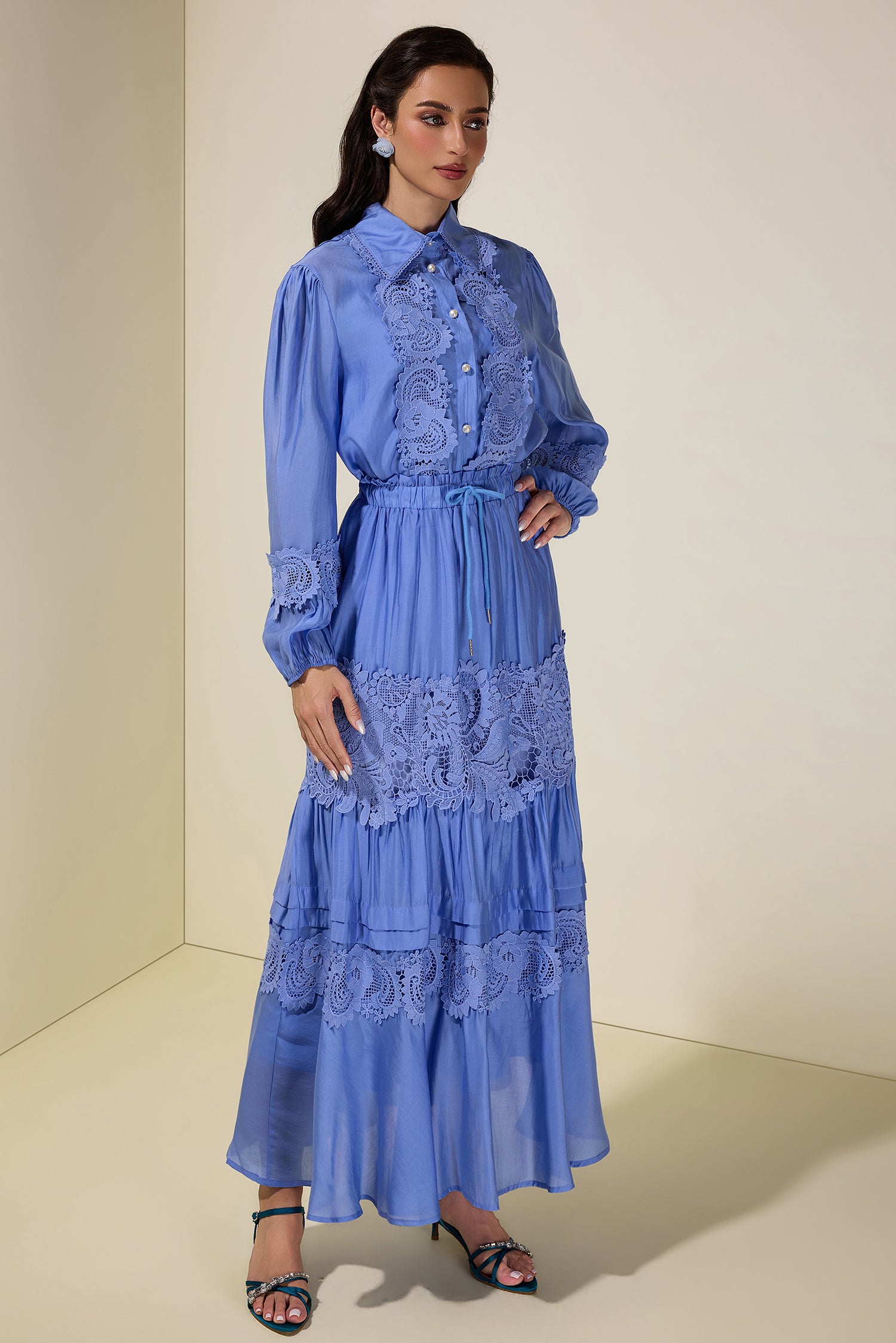 Solid Lace Shirt Collar Top & Mid Waist Ruffle Midi Skirt Set