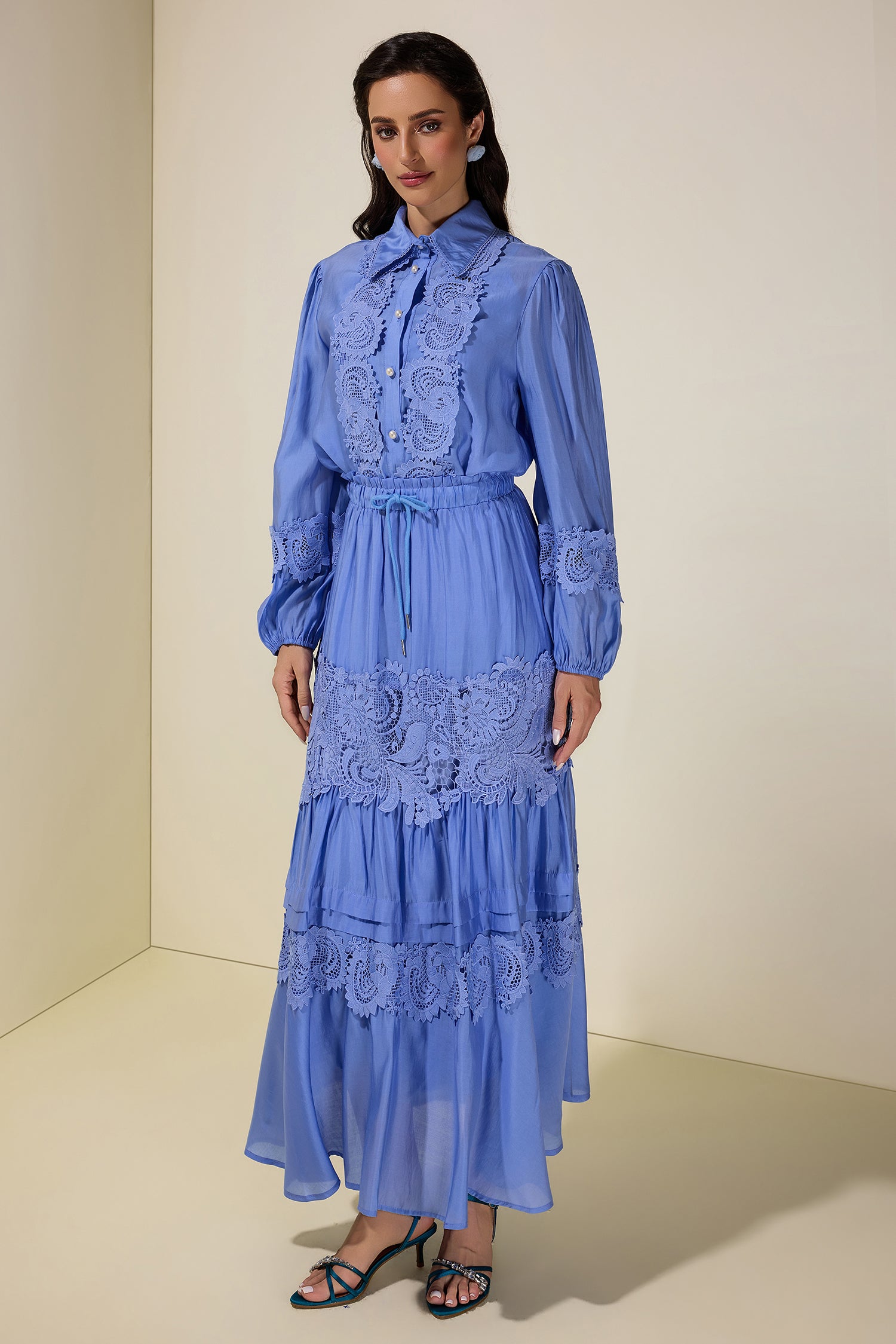 Solid Lace Shirt Collar Top & Mid Waist Ruffle Midi Skirt Set
