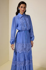 Solid Lace Shirt Collar Top & Mid Waist Ruffle Midi Skirt Set