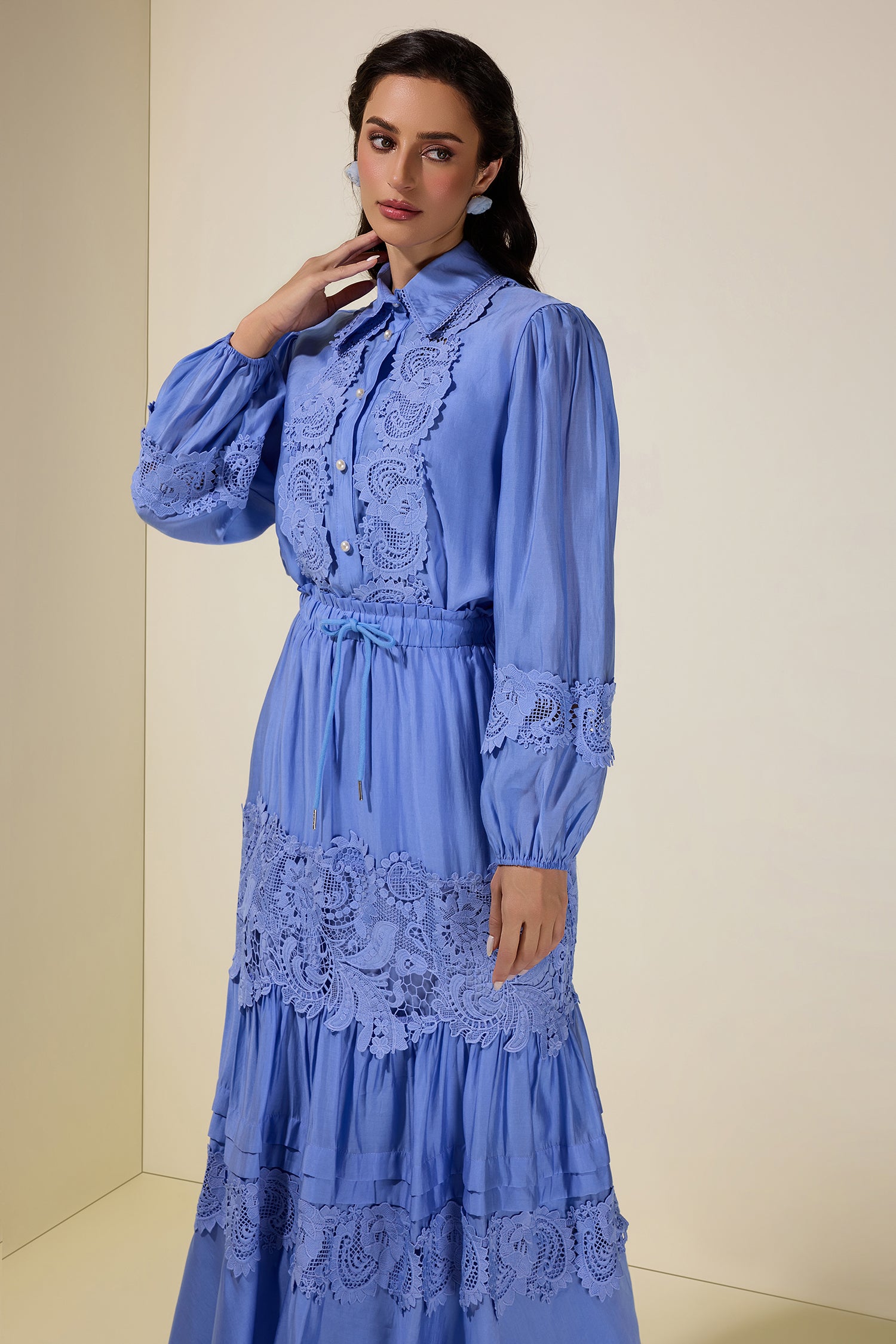 Solid Lace Shirt Collar Top & Mid Waist Ruffle Midi Skirt Set