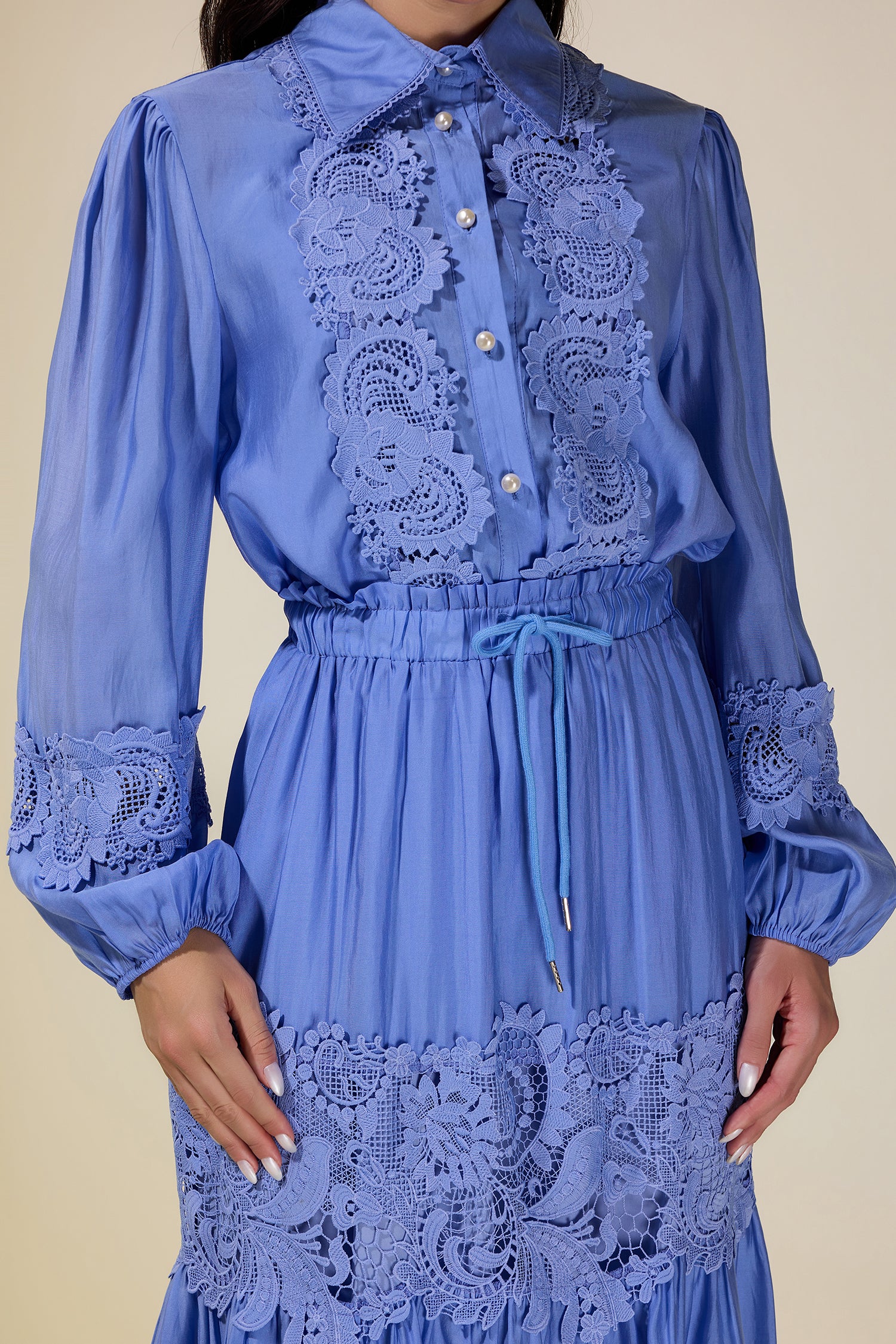 Solid Lace Shirt Collar Top & Mid Waist Ruffle Midi Skirt Set