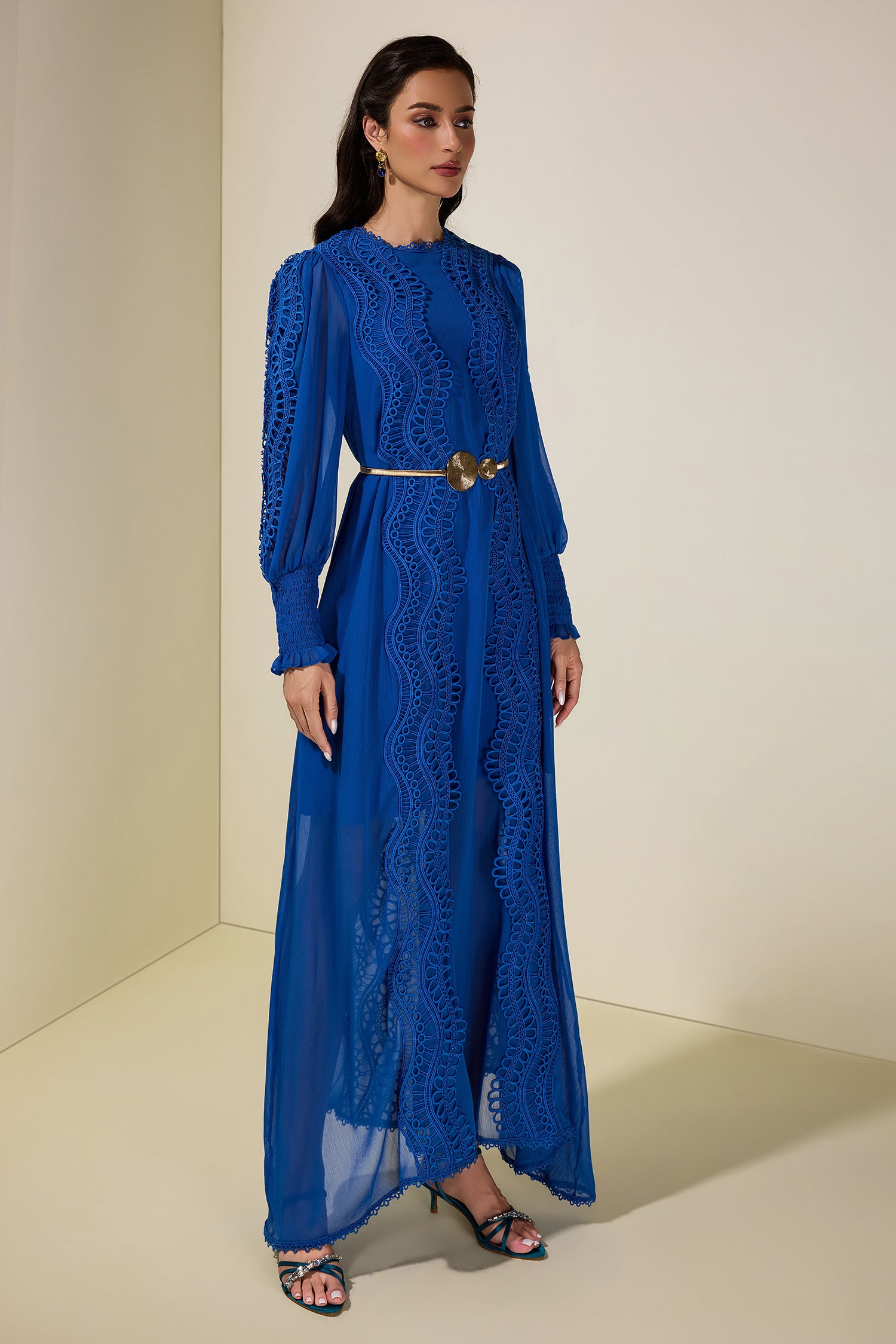 Chiffon Lace Midi Dress With Metal Belt