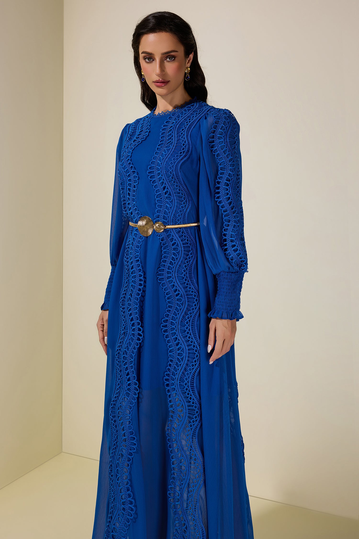 Chiffon Lace Midi Dress With Metal Belt