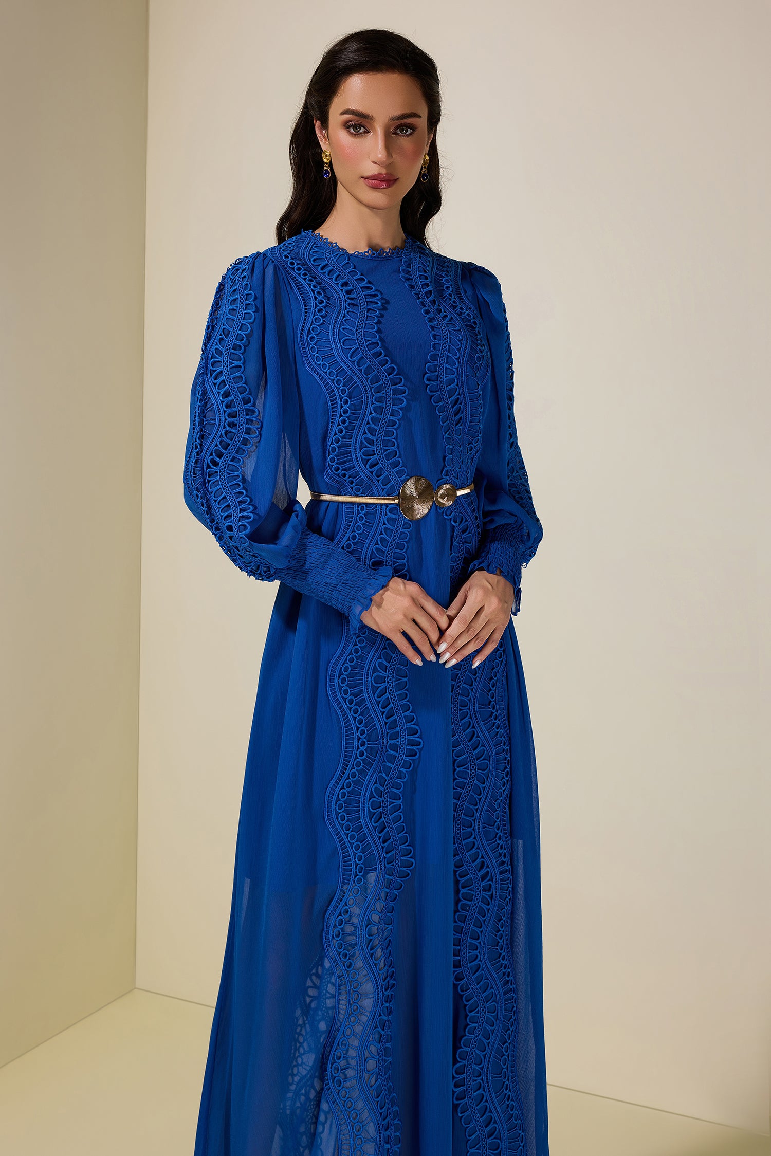 Chiffon Lace Midi Dress With Metal Belt