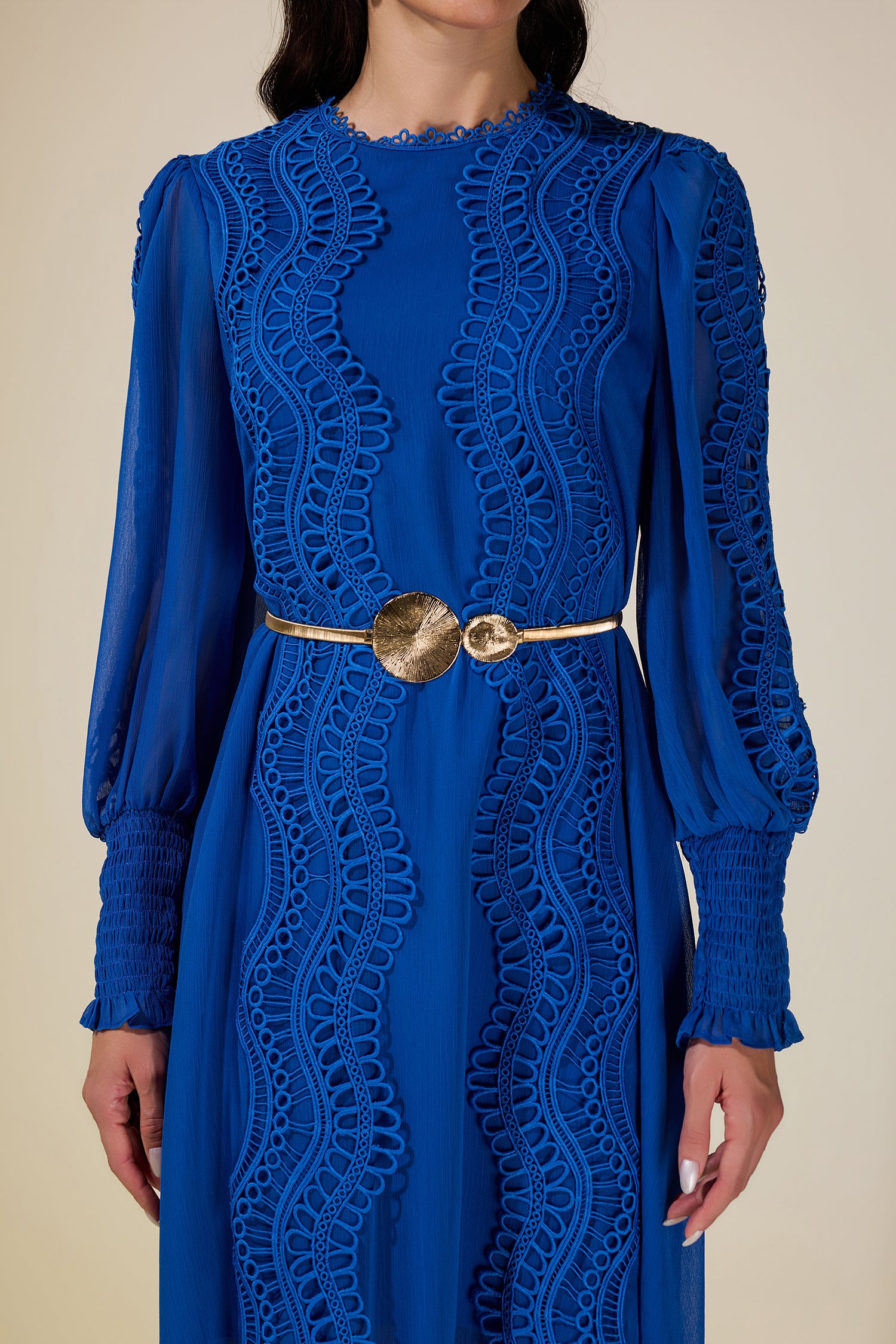 Chiffon Lace Midi Dress With Metal Belt