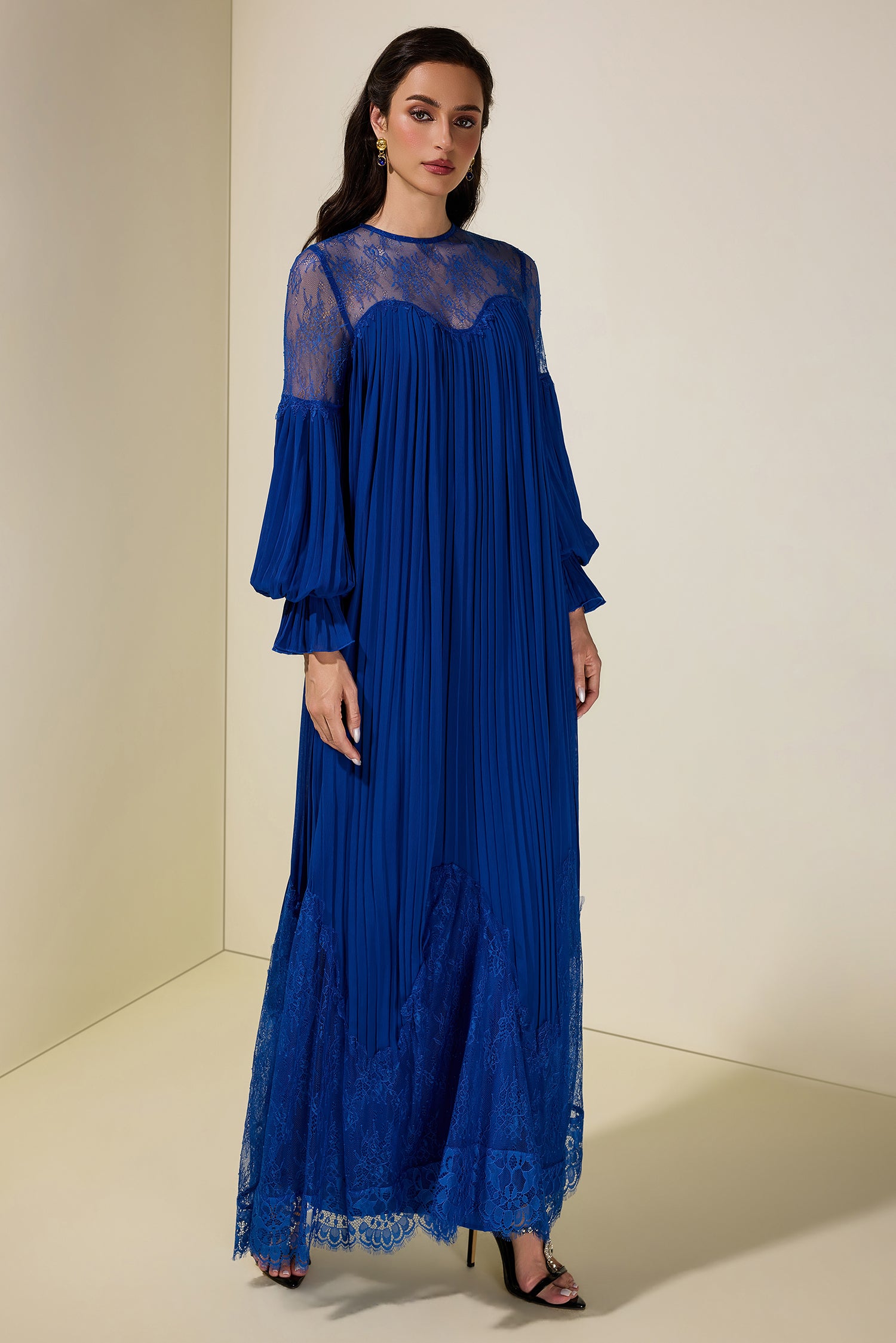 Chiffon Splicing Lace Lantern Sleeve Maxi Dress