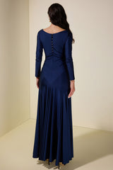 Solid Long Sleeve Metal Button Maxi Dress
