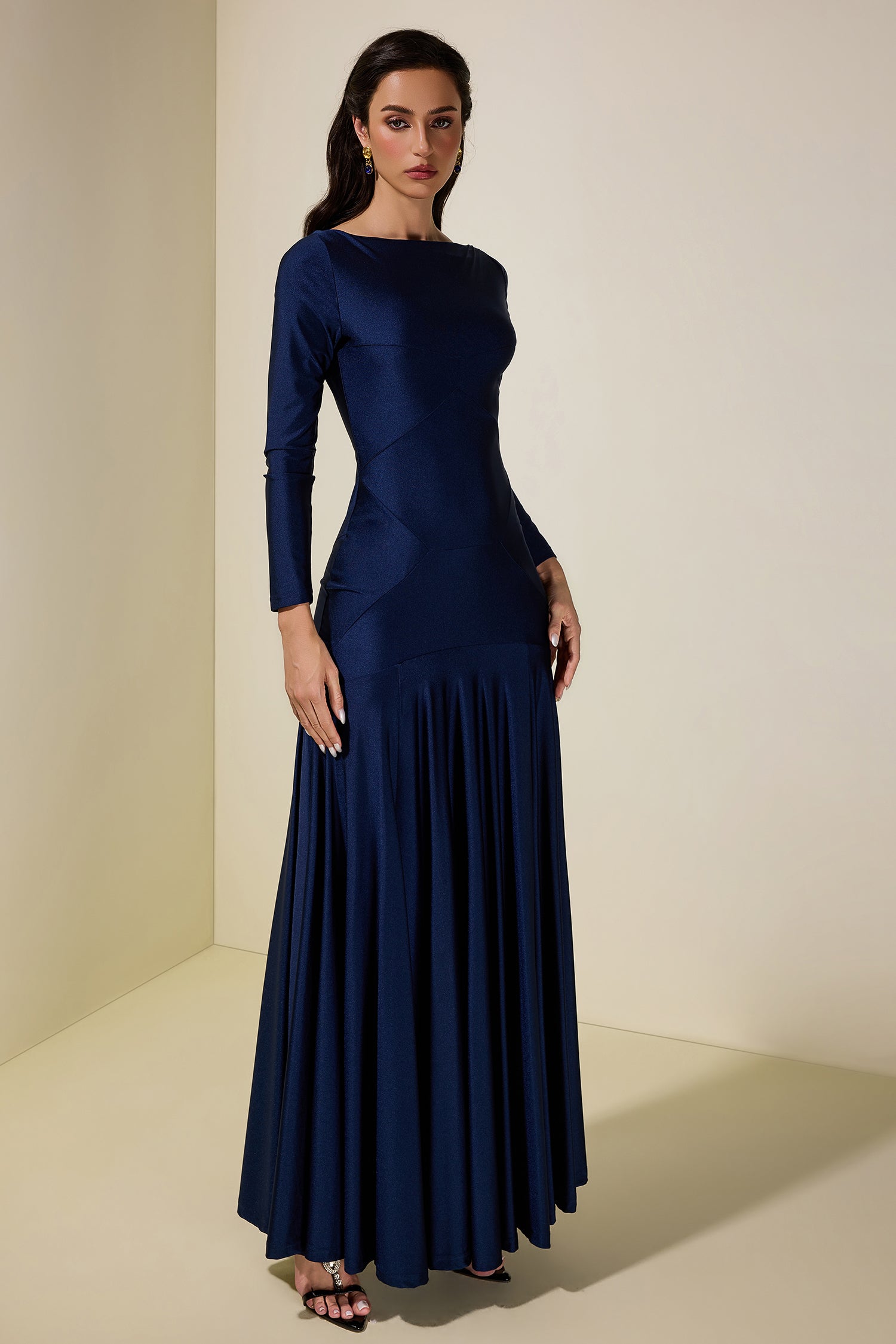 Solid Long Sleeve Metal Button Maxi Dress