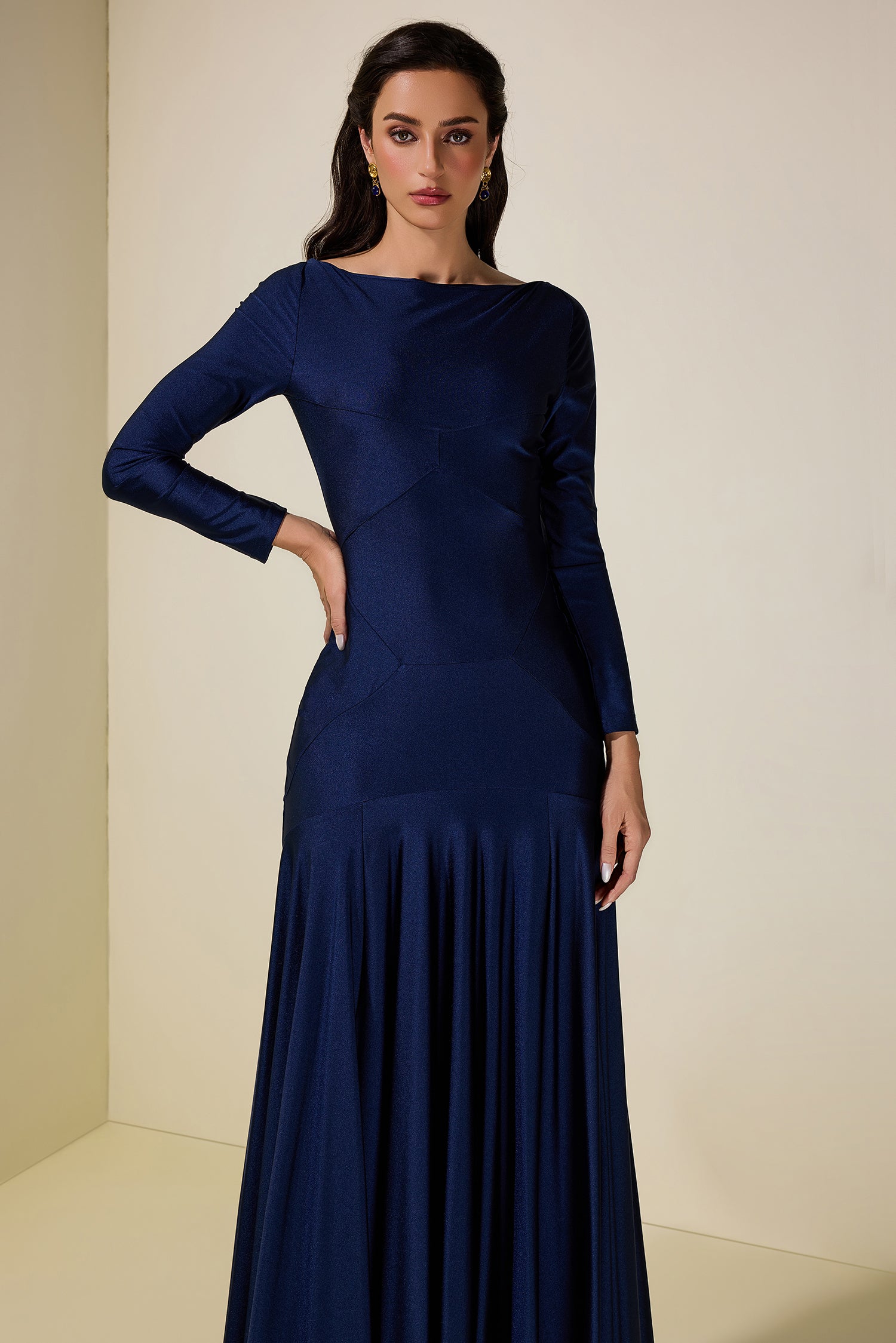 Solid Long Sleeve Metal Button Maxi Dress