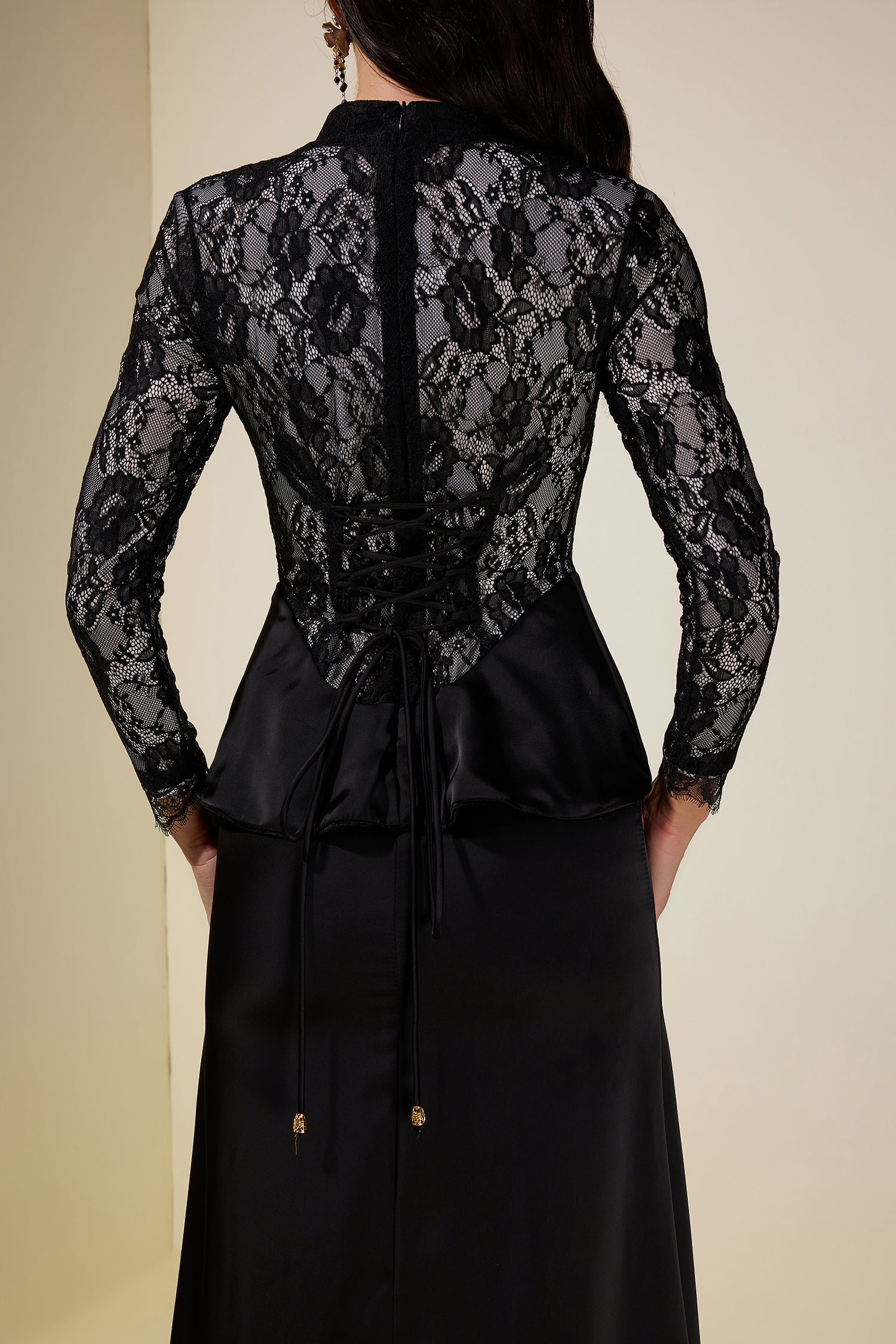 Satin Splicing Lace Long Sleeve Maxi Dress