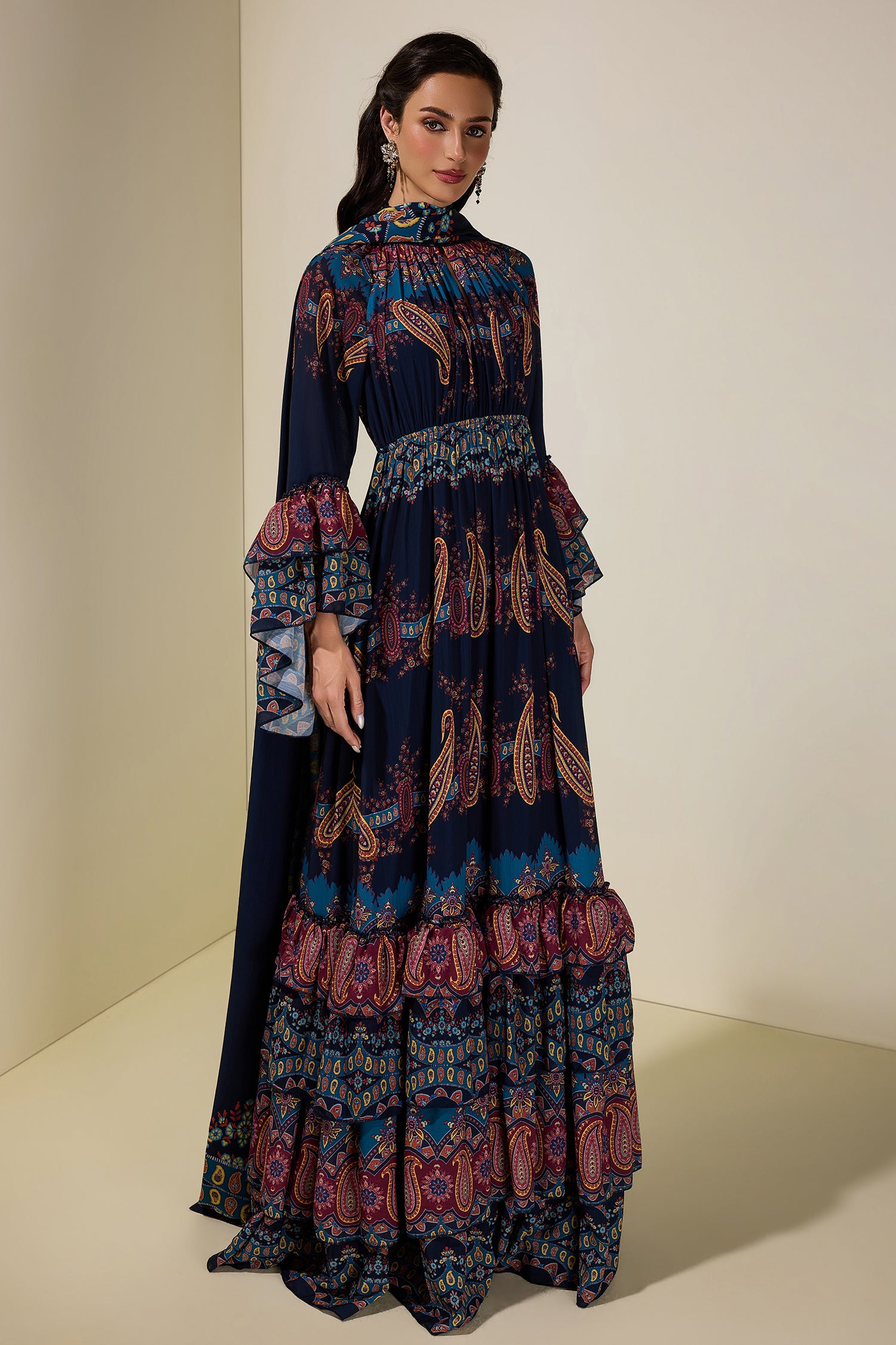 Paisley Print Ruffle Raglan Sleeve Maxi Dress