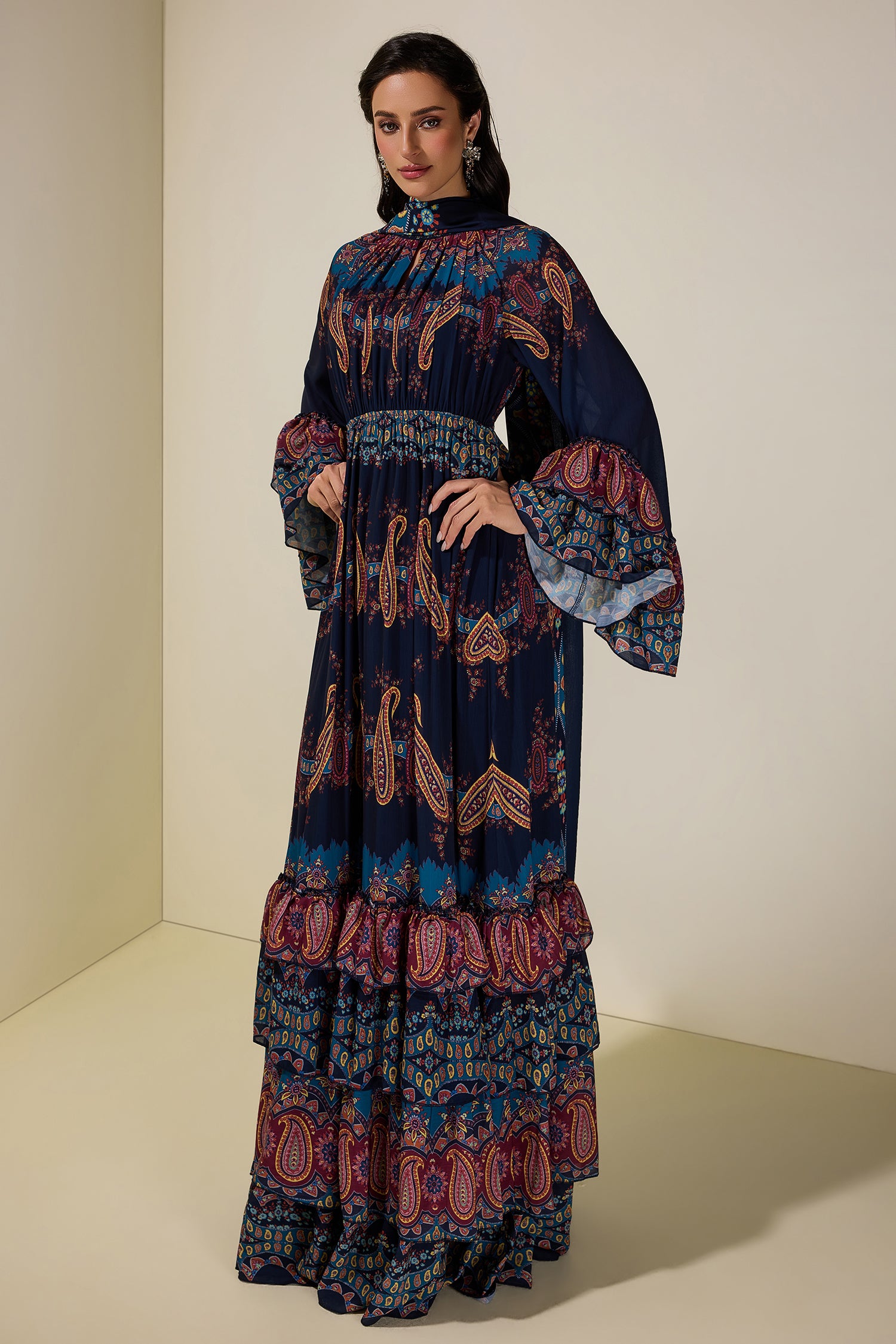 Paisley Print Ruffle Raglan Sleeve Maxi Dress