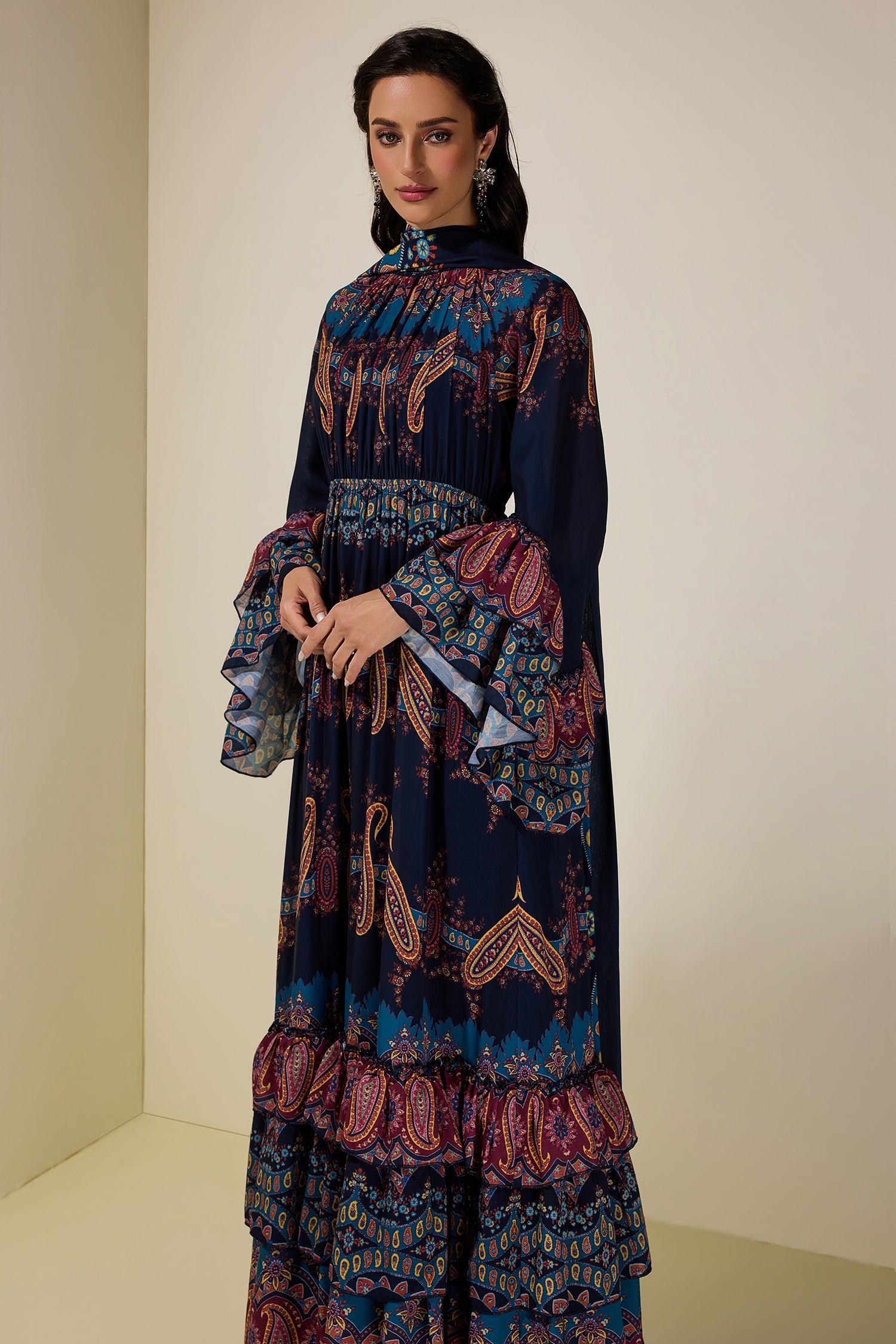 Paisley Print Ruffle Raglan Sleeve Maxi Dress