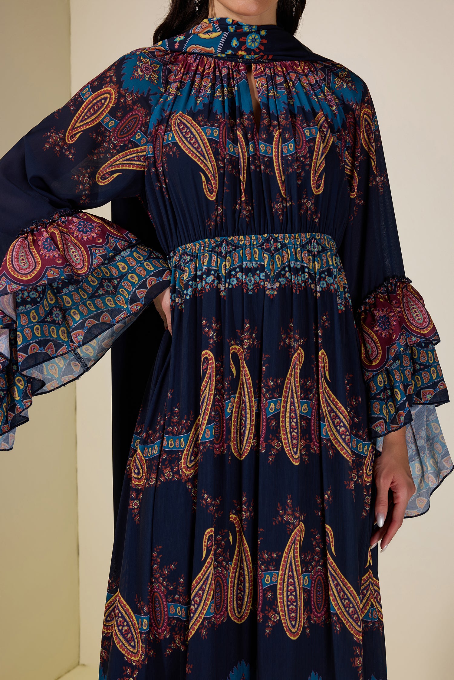 Paisley Print Ruffle Raglan Sleeve Maxi Dress
