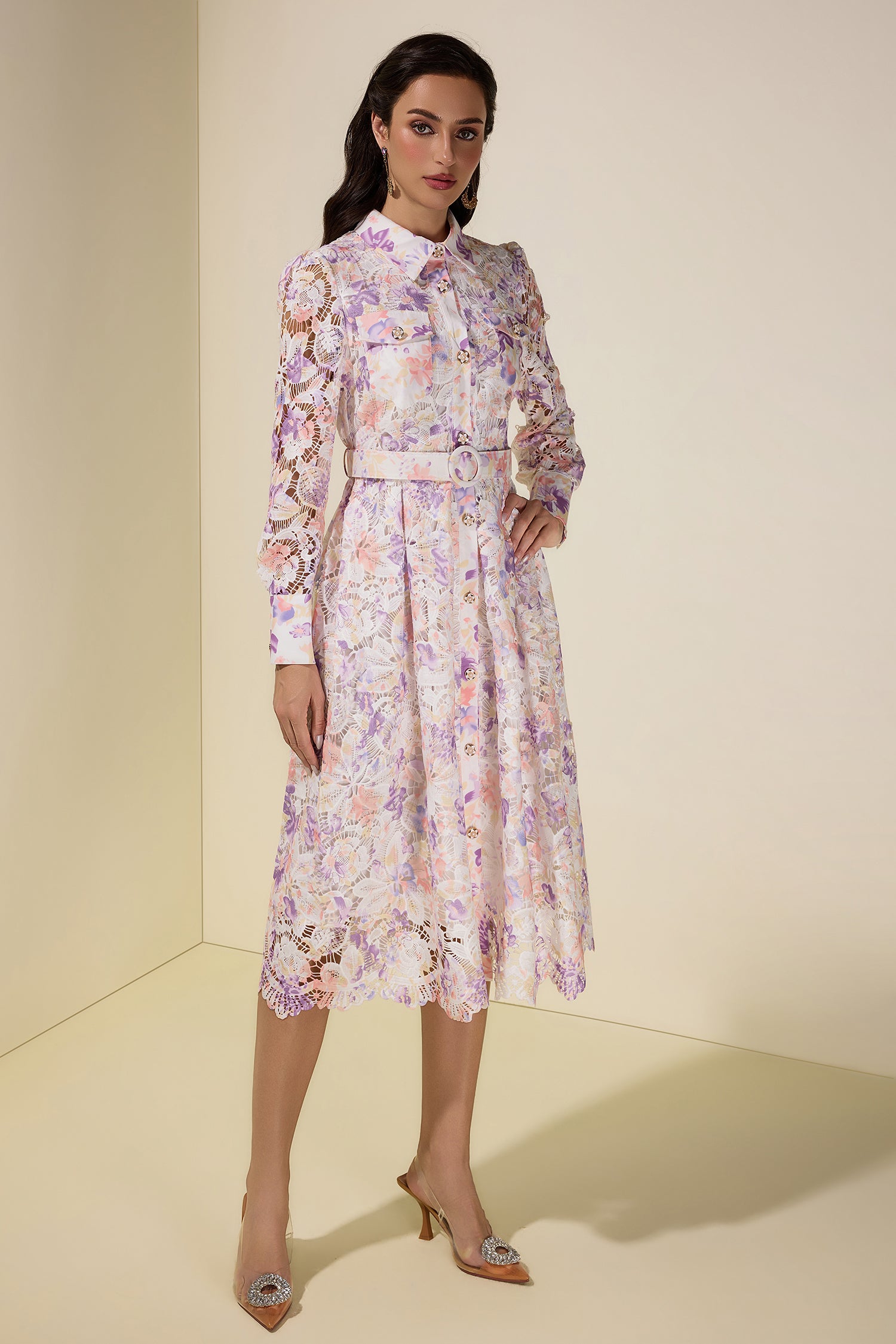 Lace Floral Single Breasted Midi Dress With Belt